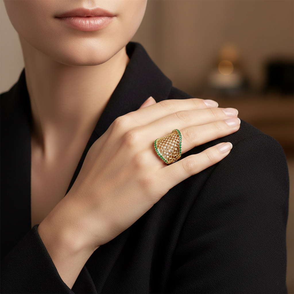 טבעת זהב 14K משובצת יהלומים ואמרלד