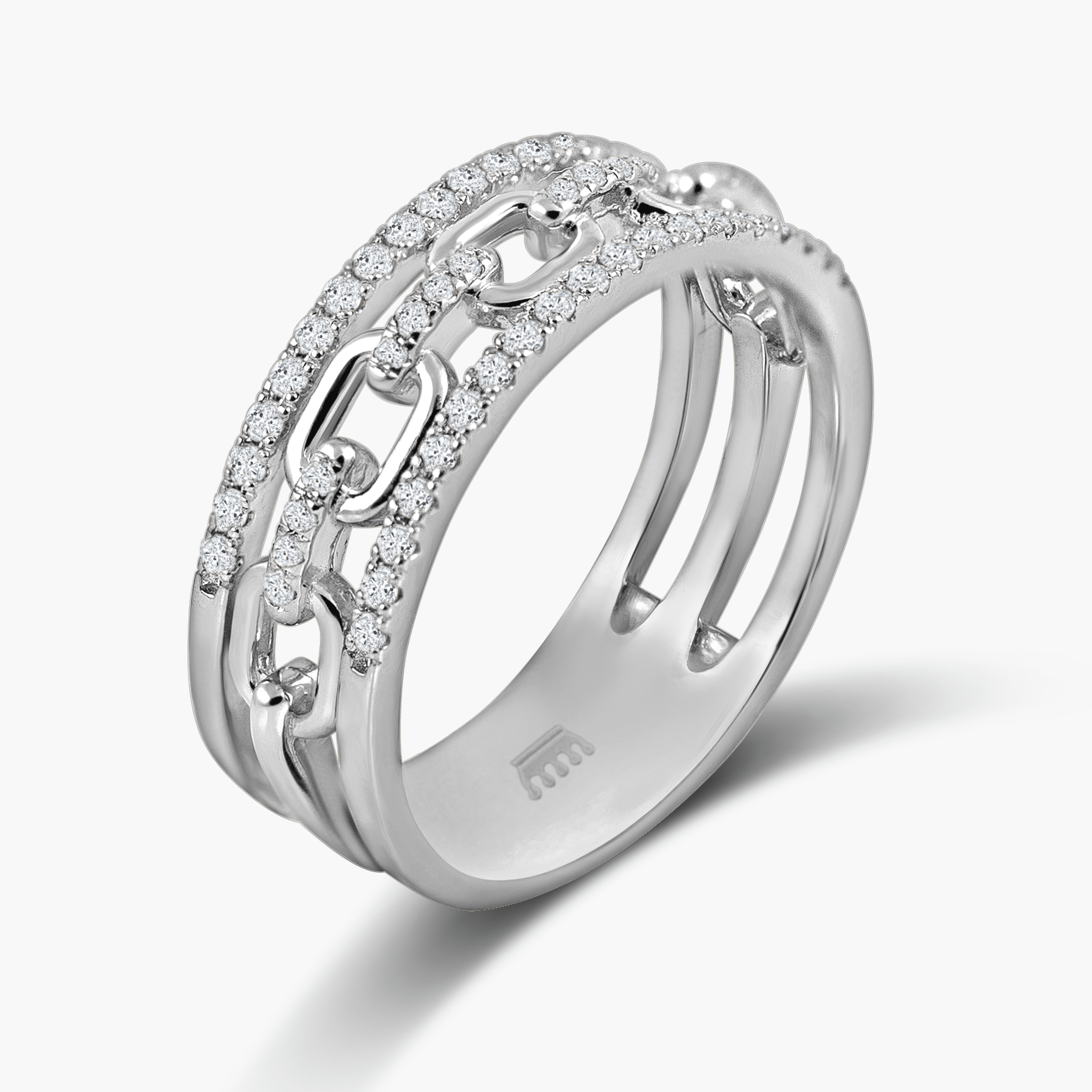 טבעת זהב לבן 14K משובצת יהלומים בעיצוב חוליות