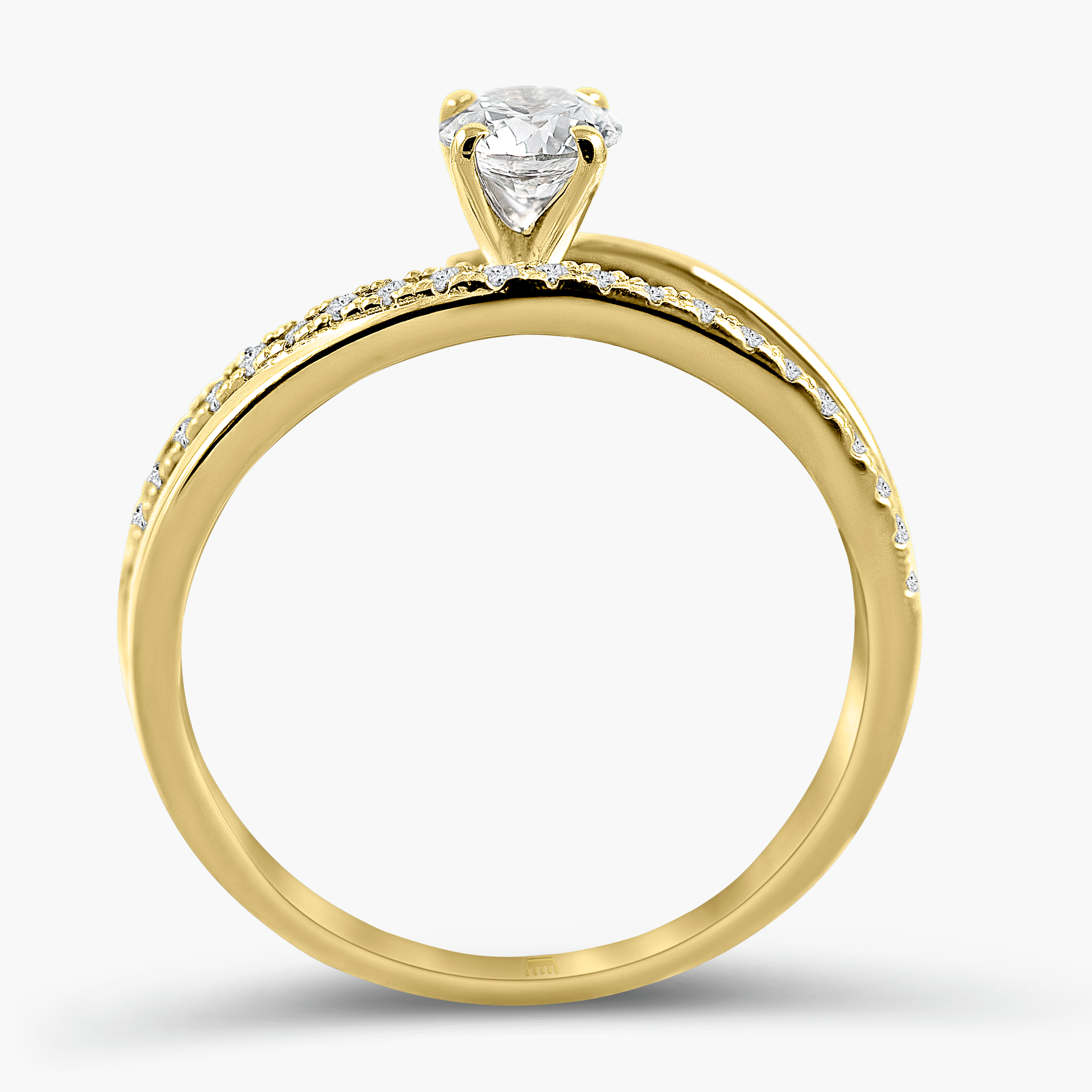 טבעת זהב 14K עם יהלום מרכזי ושיבוץ יהלומים