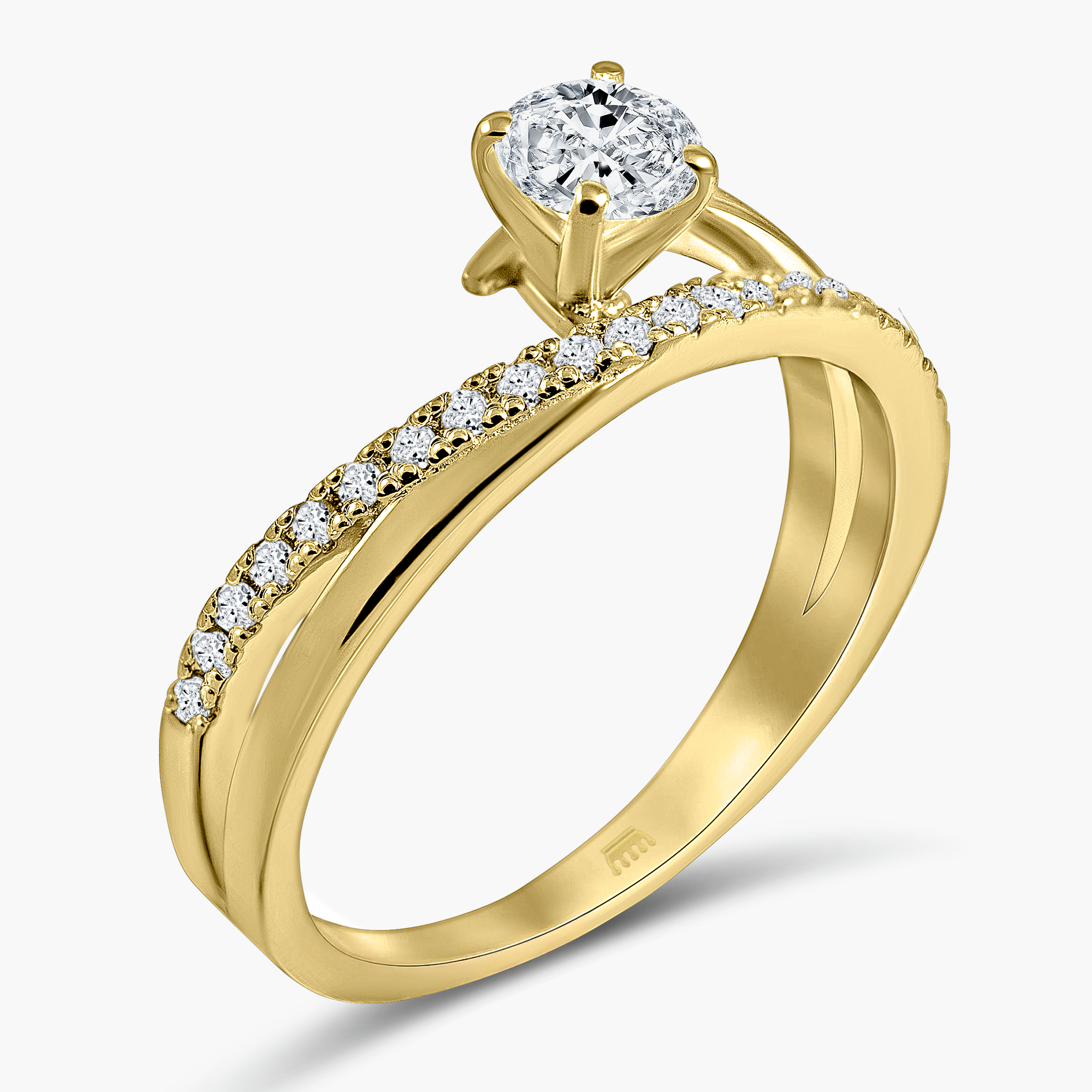 טבעת זהב 14K עם יהלום מרכזי ושיבוץ יהלומים