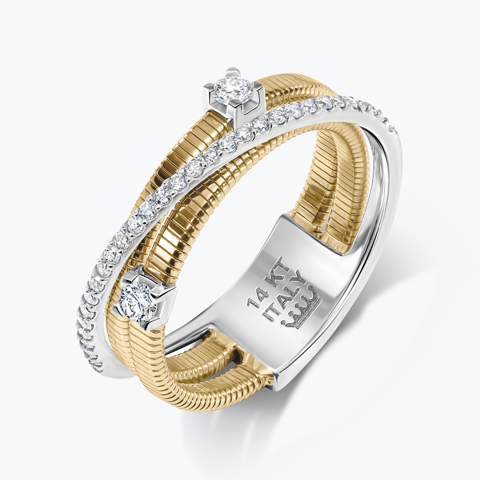 טבעת זהב 14K בי קולור בשיבוץ יהלומים