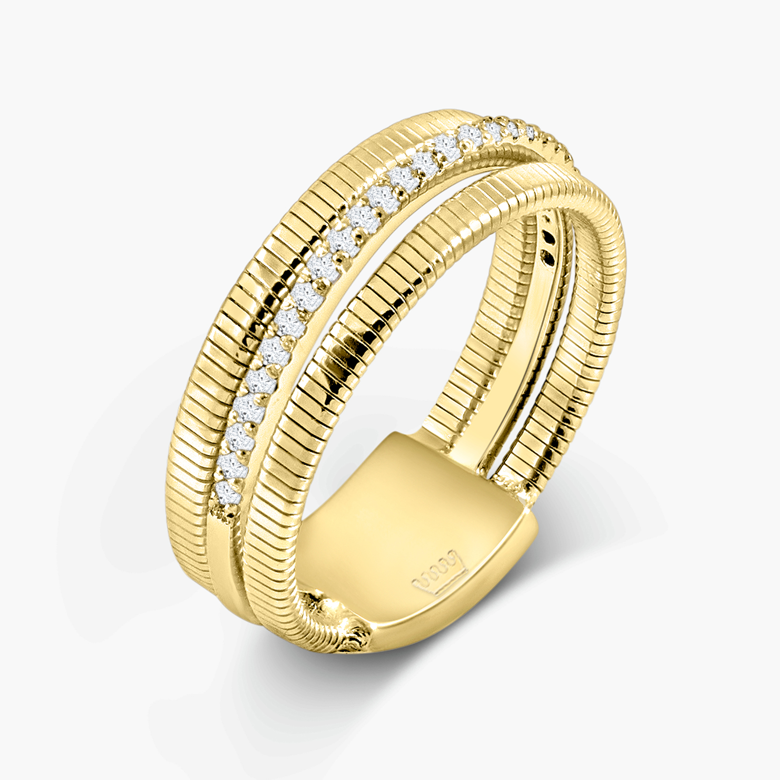 טבעת זהב 14K משובצת יהלומים בעיצוב טקסטורה כפולה