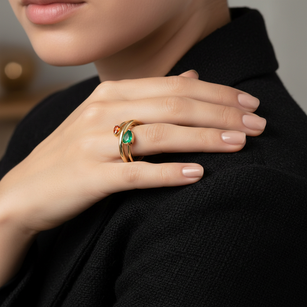 טבעת זהב 14K משובצת אבני אמרלד וספיר