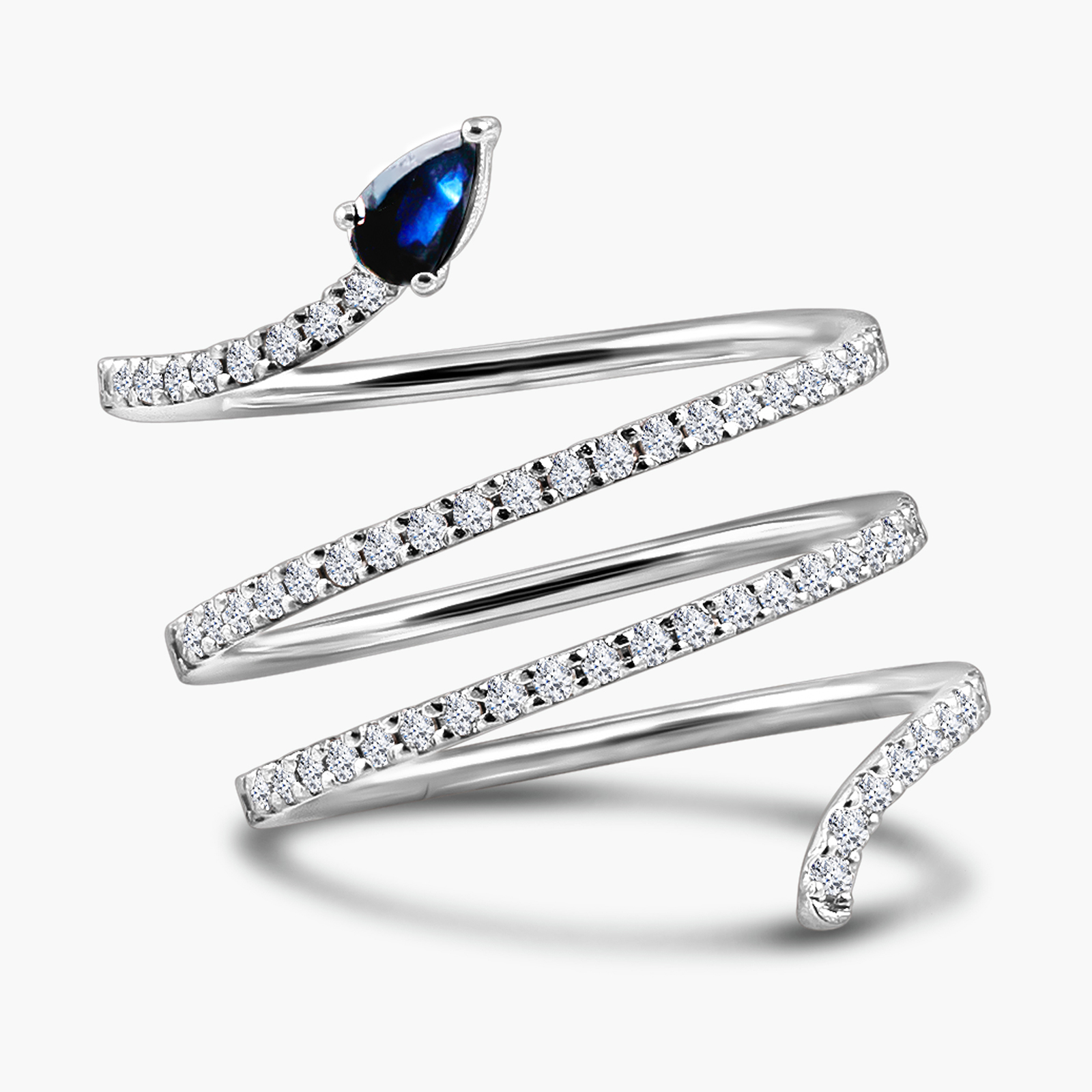 טבעת זהב 14K לבן משובצת יהלומים ואבן ספיר בעיצוב נחש.