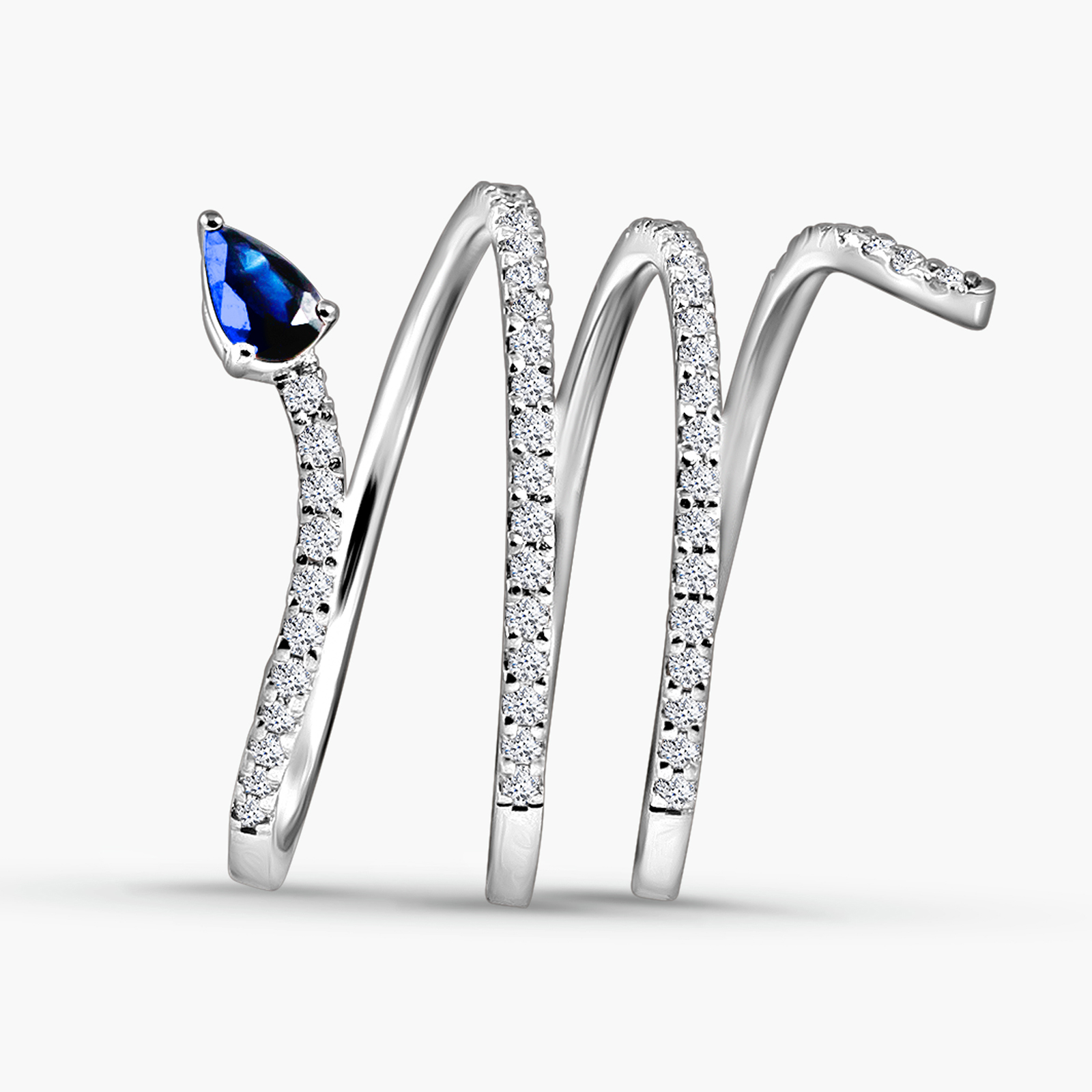 טבעת זהב 14K לבן משובצת יהלומים ואבן ספיר בעיצוב נחש.