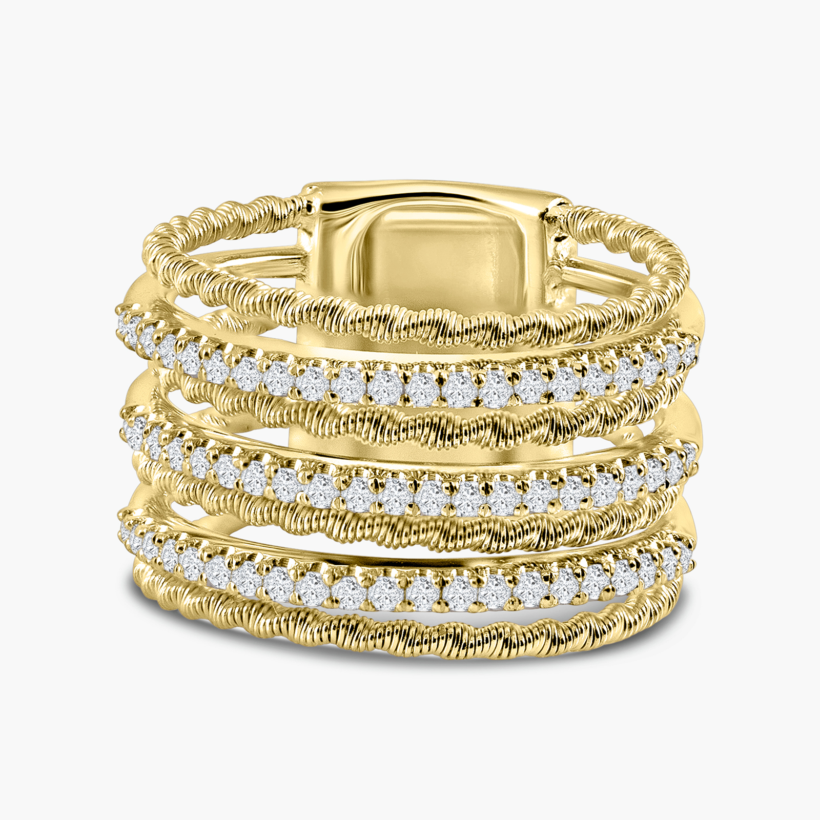 טבעת זהב 14K רחבה במרקם חוטים ושיבוץ יהלומים