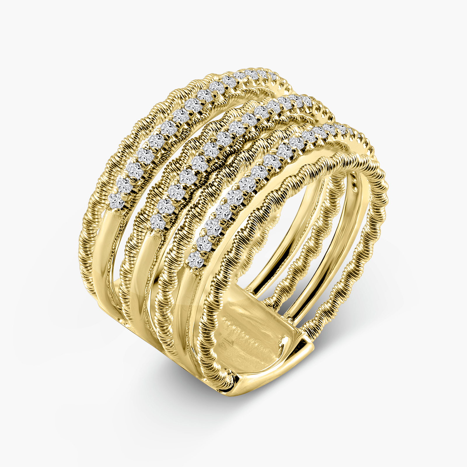 טבעת זהב 14K רחבה במרקם חוטים ושיבוץ יהלומים