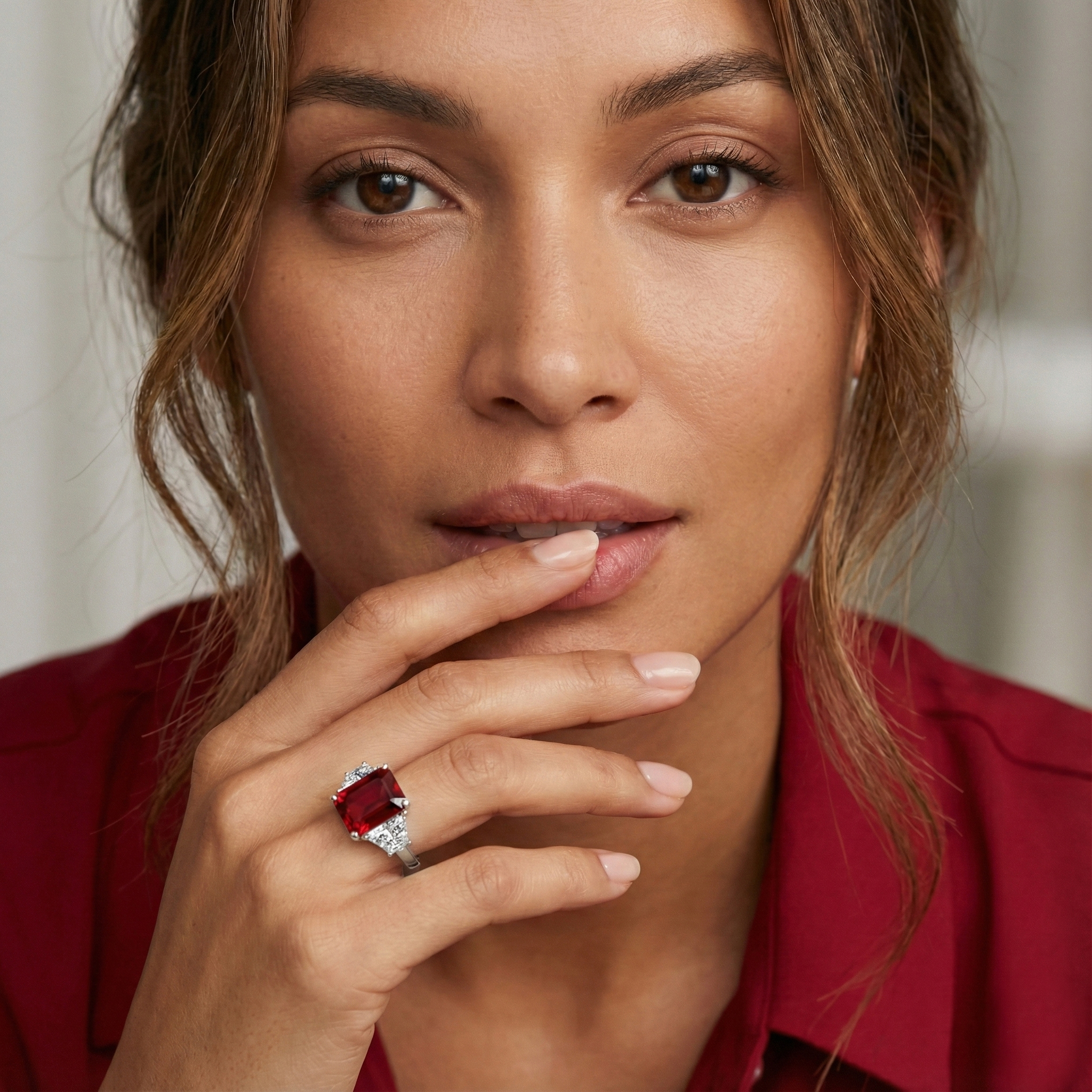 טבעת רובי ויהלומי מעבדה בזהב לבן 14K