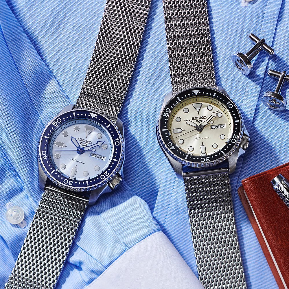 שעון SEIKO SPORT 5 עם צמיד מתכת MESH ולוח קרם