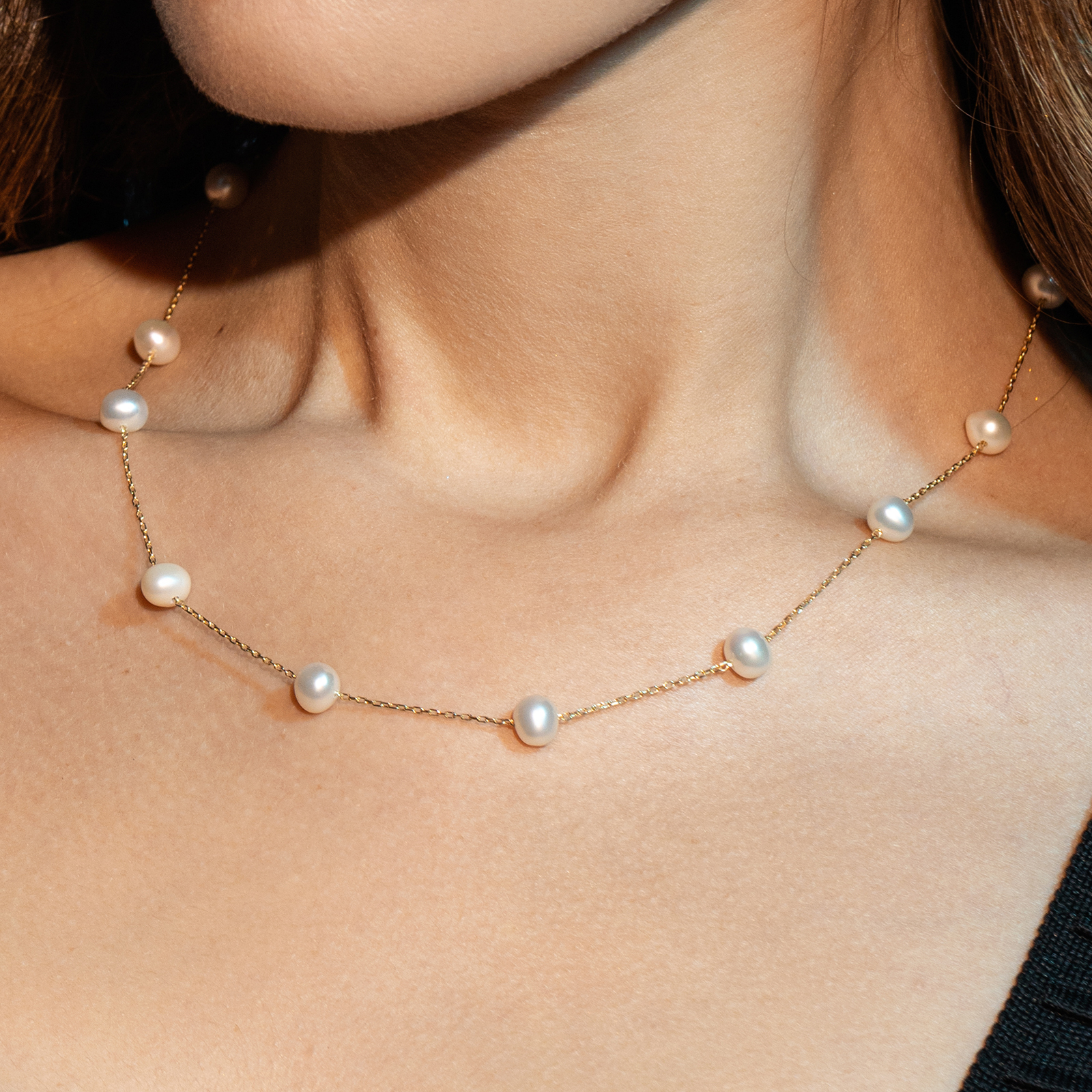 שרשרת זהב בשילוב פנינים אמיתיות