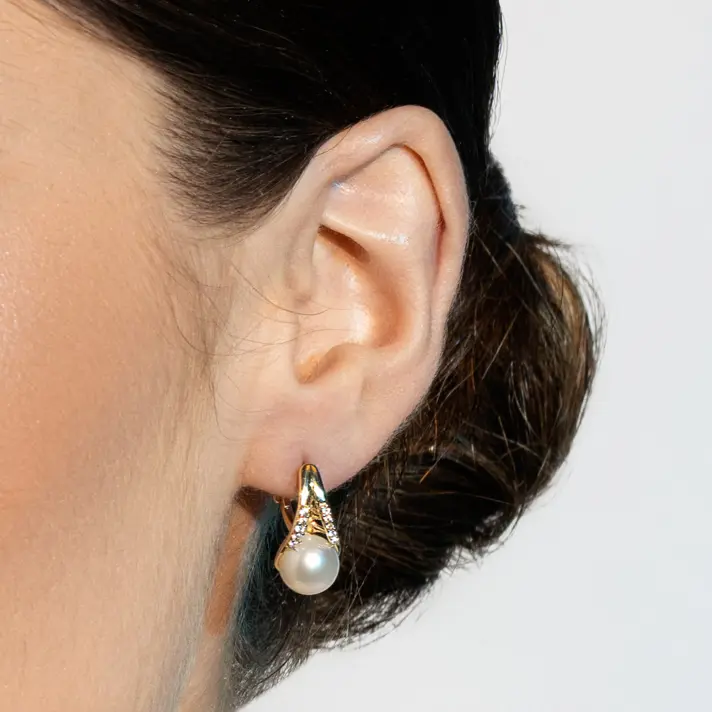 עגילי זהב בשילוב פנינה וזרקונים