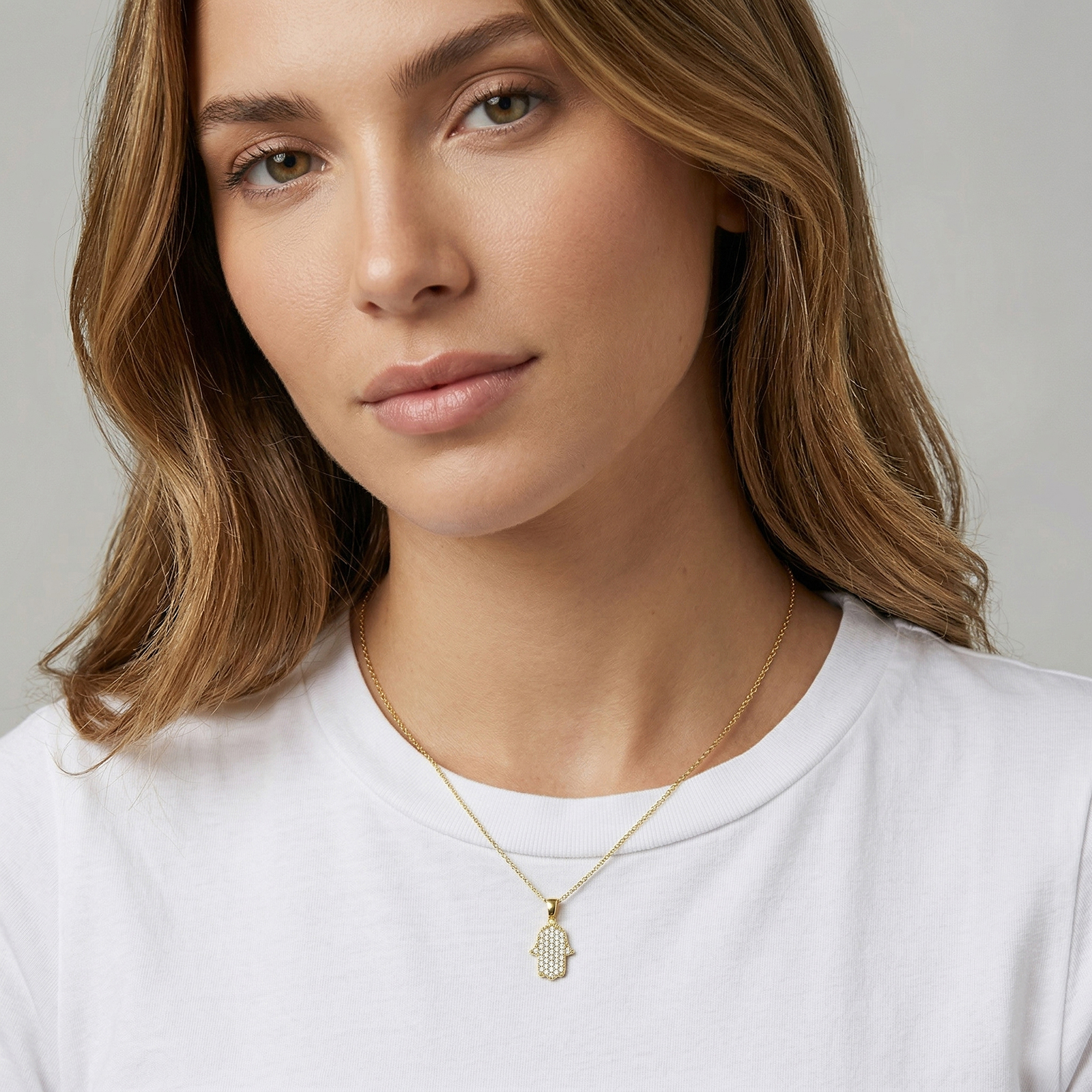 תליון חמסה זהב 14K משובץ זרקונים