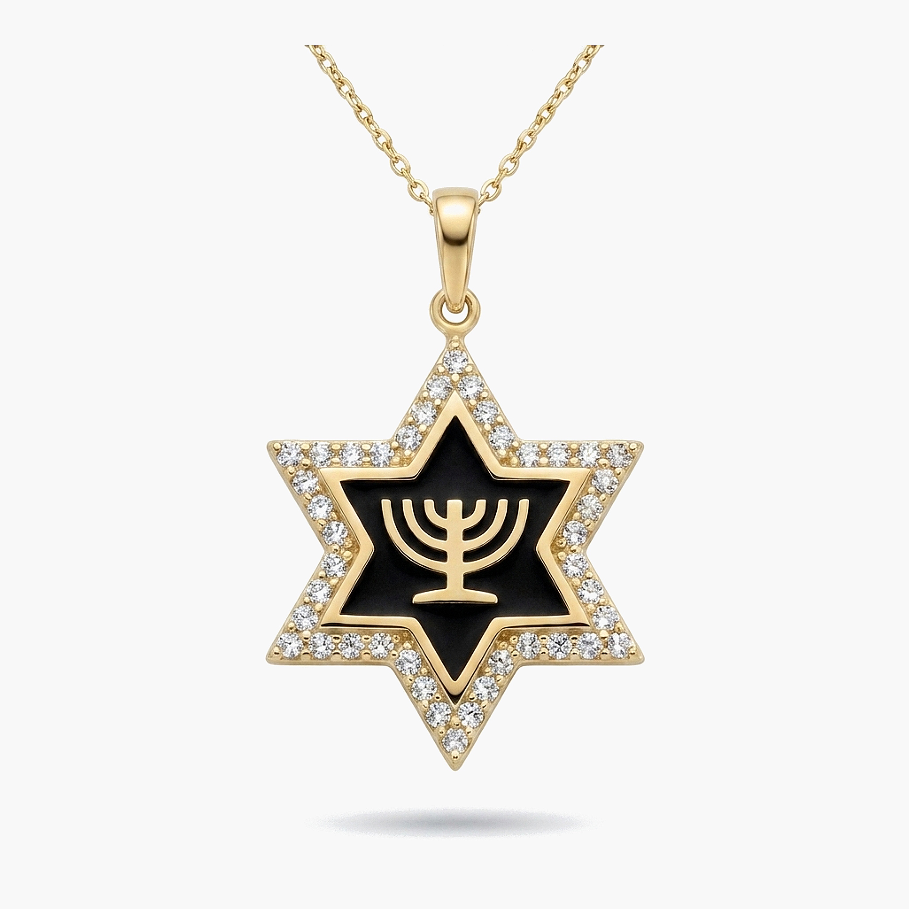 תליון מגן דוד זהב 14K עם מנורה משובצת זרקונים ואמייל