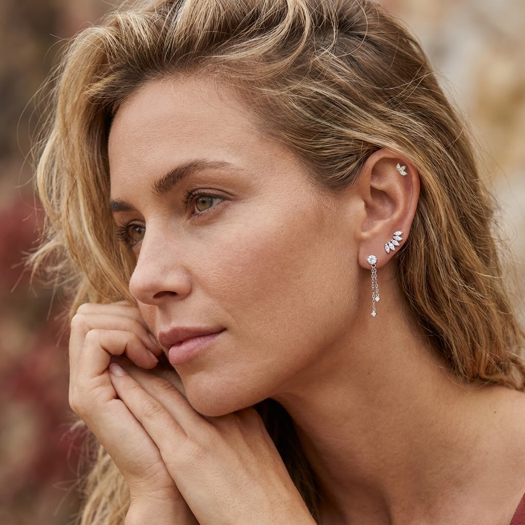 עגיל פירסינג זהב 14K עם זרקונים בעיצוב חצי פרח