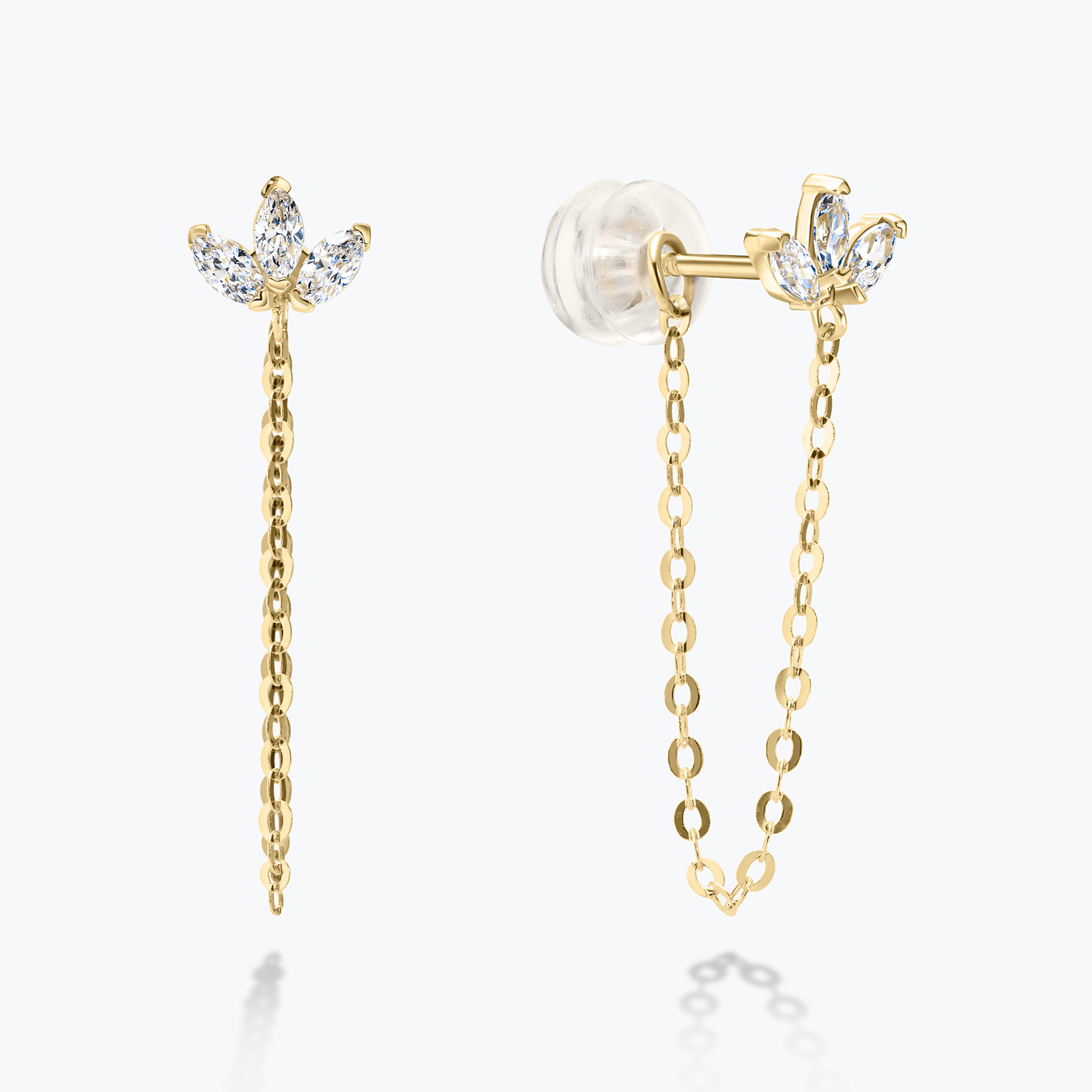 עגילי זהב 14K חצי פרח משובץ זרקונים עם שרשרת