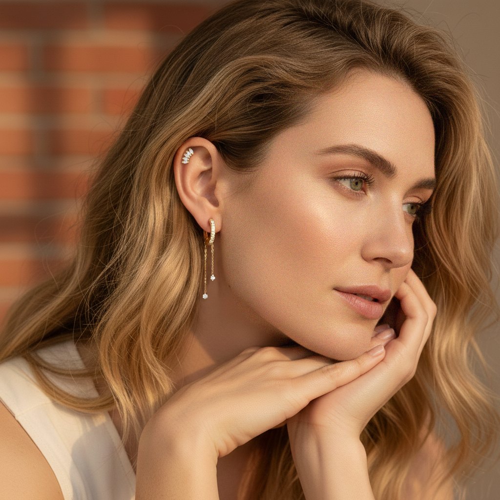 עגיל הליקס עשוי זהב 14K בעיצוב מניפה משובץ זרקונים