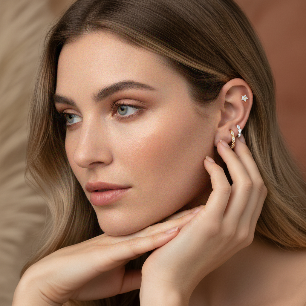 עגיל הליקס עשוי זהב 14K בעיצוב חישוק גלי משובץ זרקונים