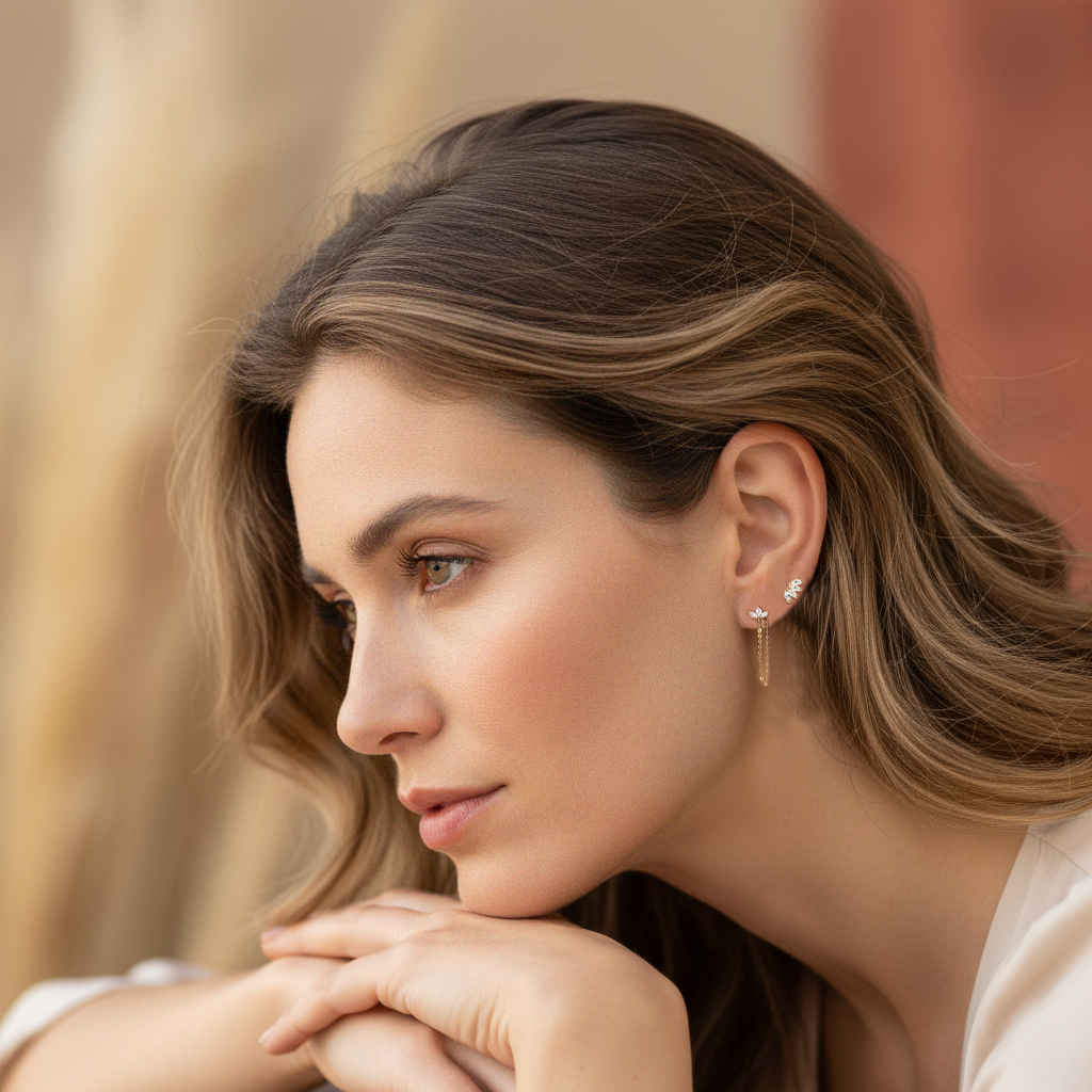 עגילי זהב 14K חצי פרח משובץ זרקונים עם שרשרת