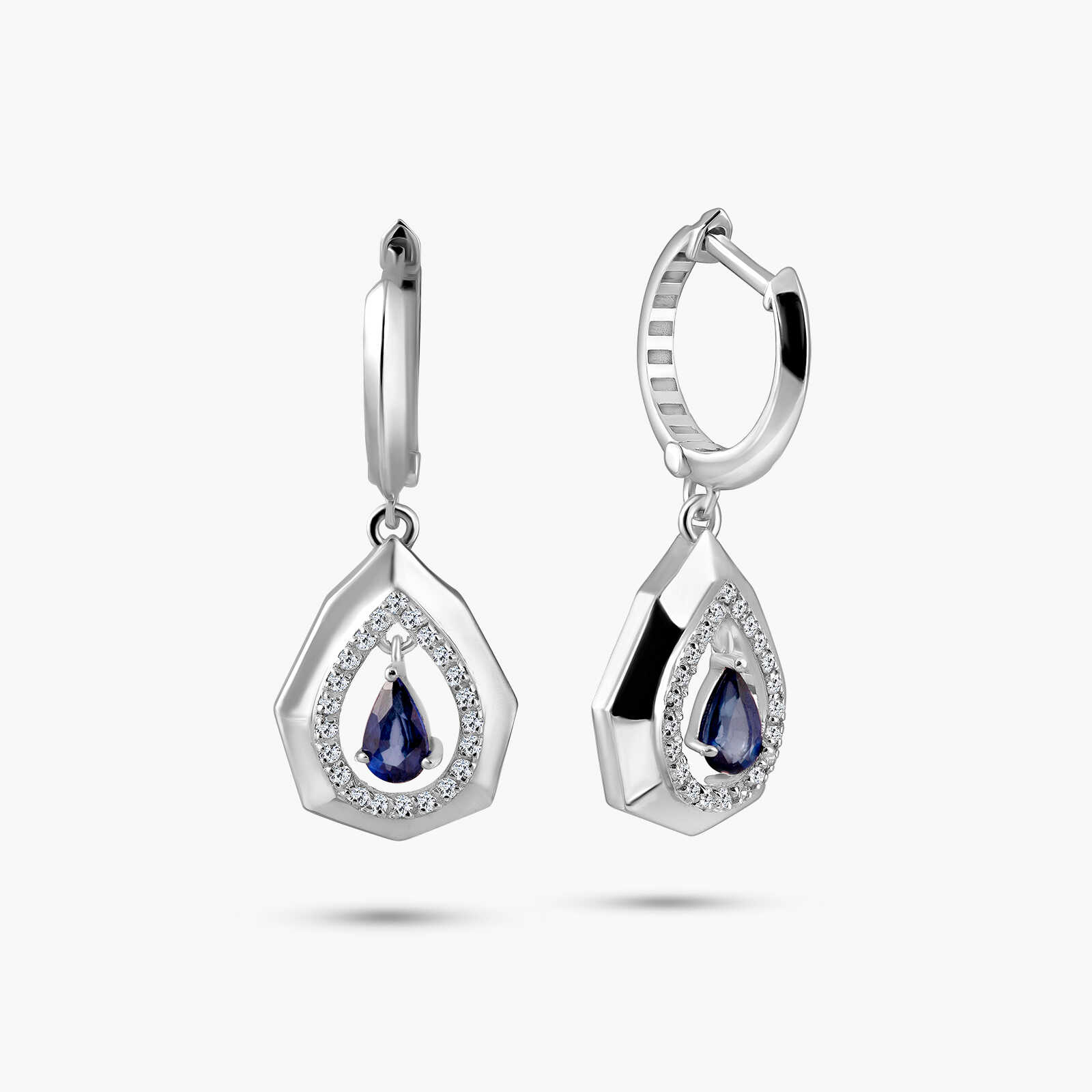 עגילי זהב בצורת טיפה בשיבוץ יהלומים וספירים