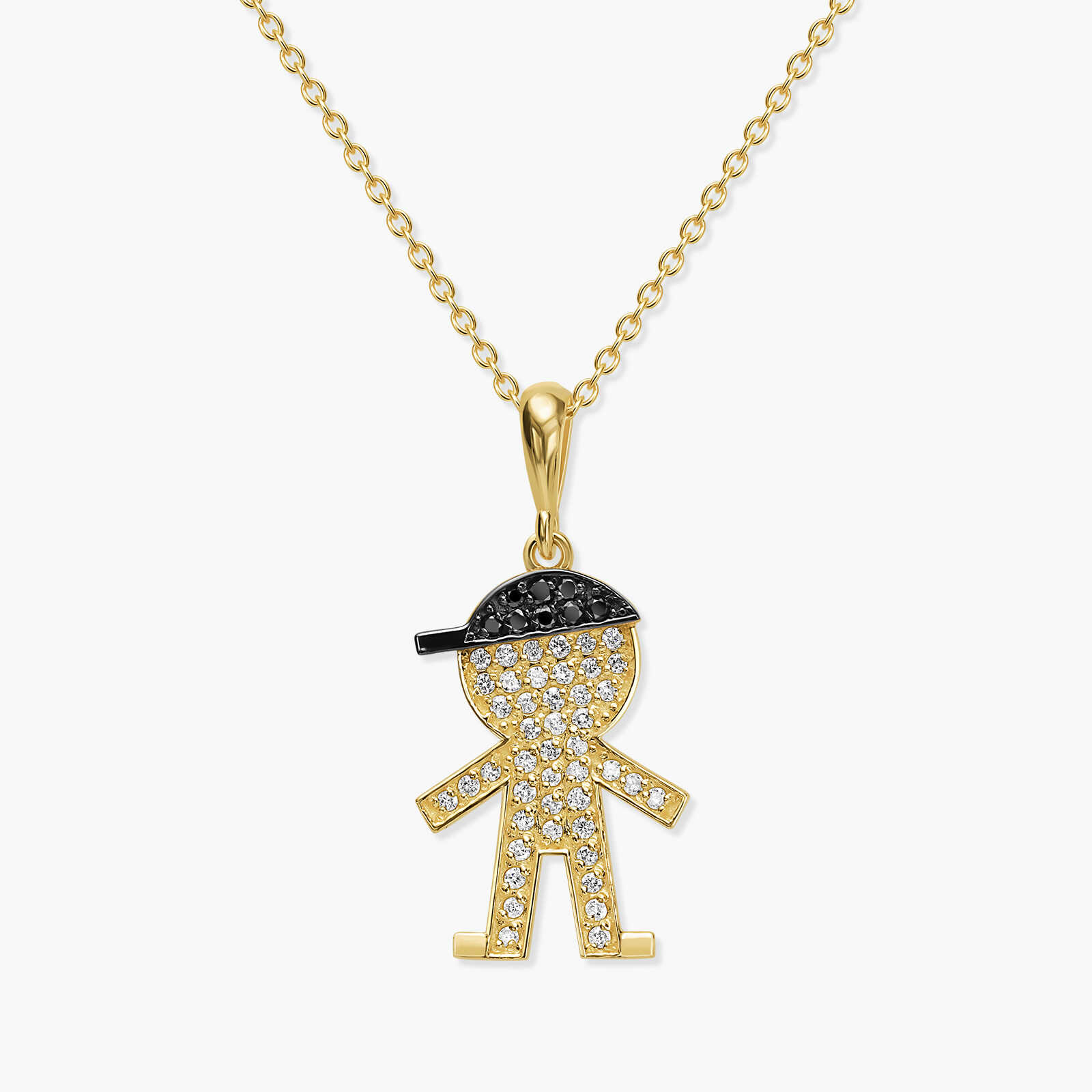 תליון ילד מזהב בשיבוץ יהלומים לבנים ושחורים