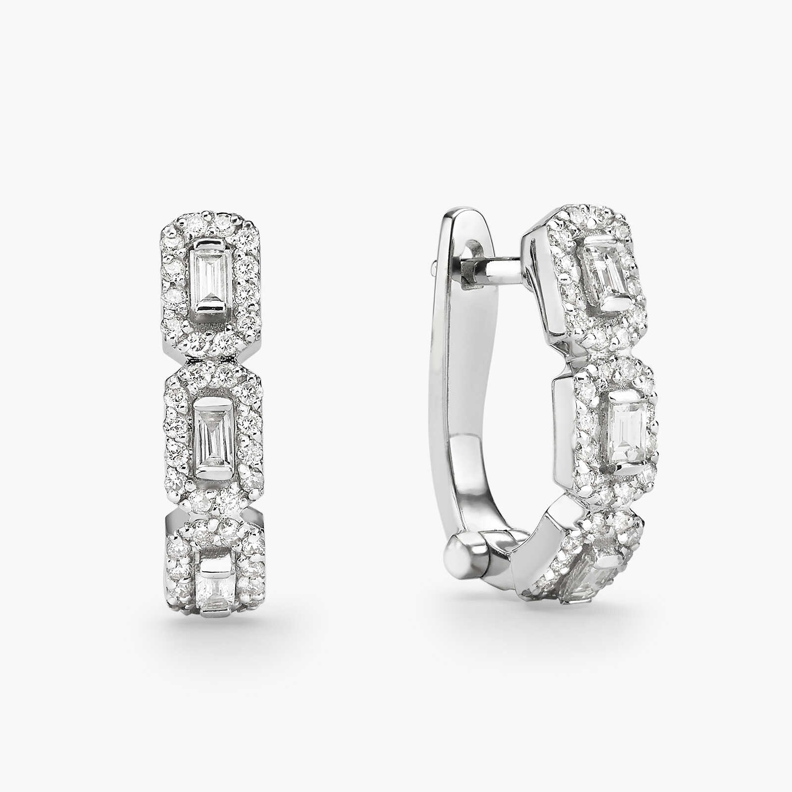 עגילי זהב משובצים יהלומים בחיתוך באגט ועגול