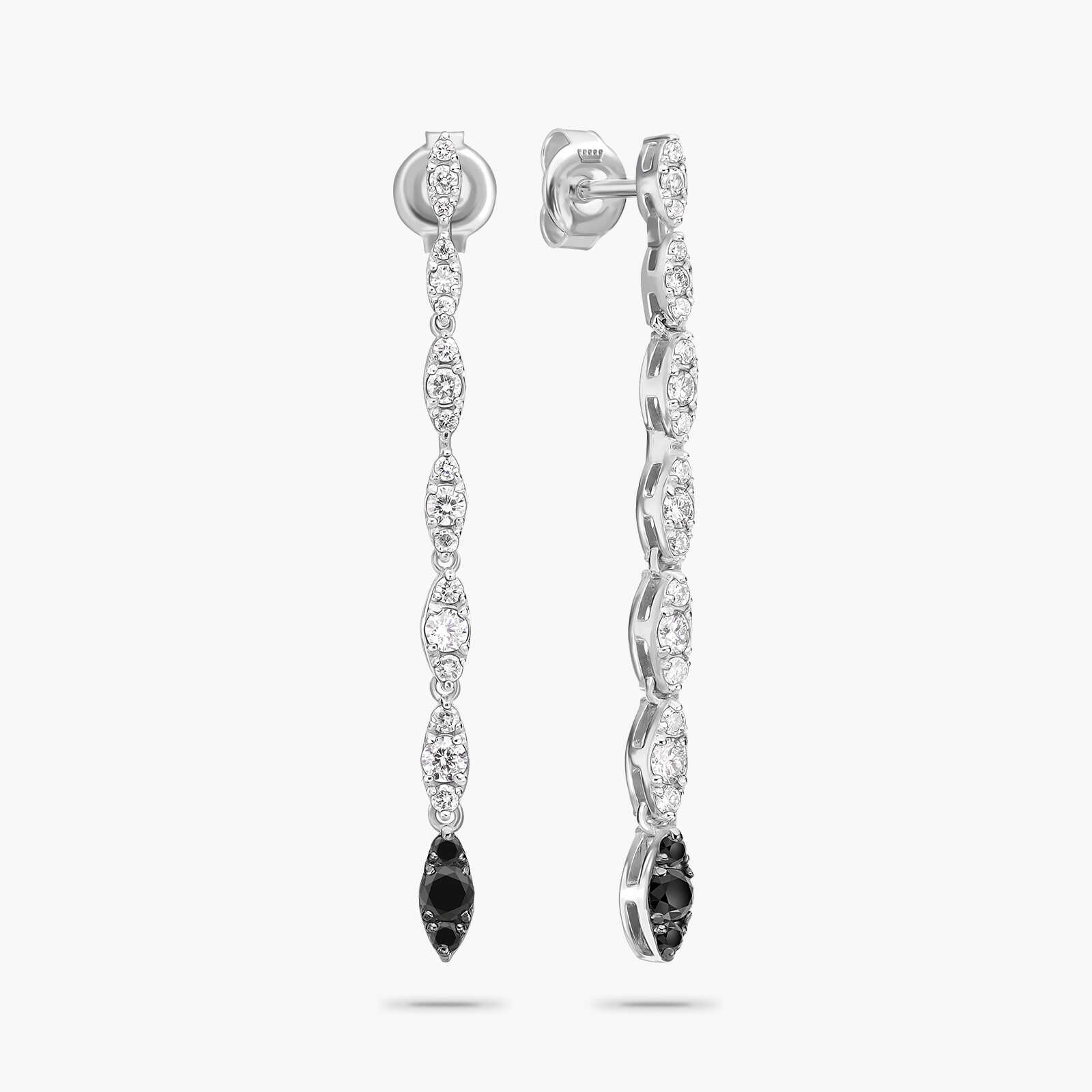 עגילי זהב באורך 3.8 משובצים יהלומים לבנים ושחורים