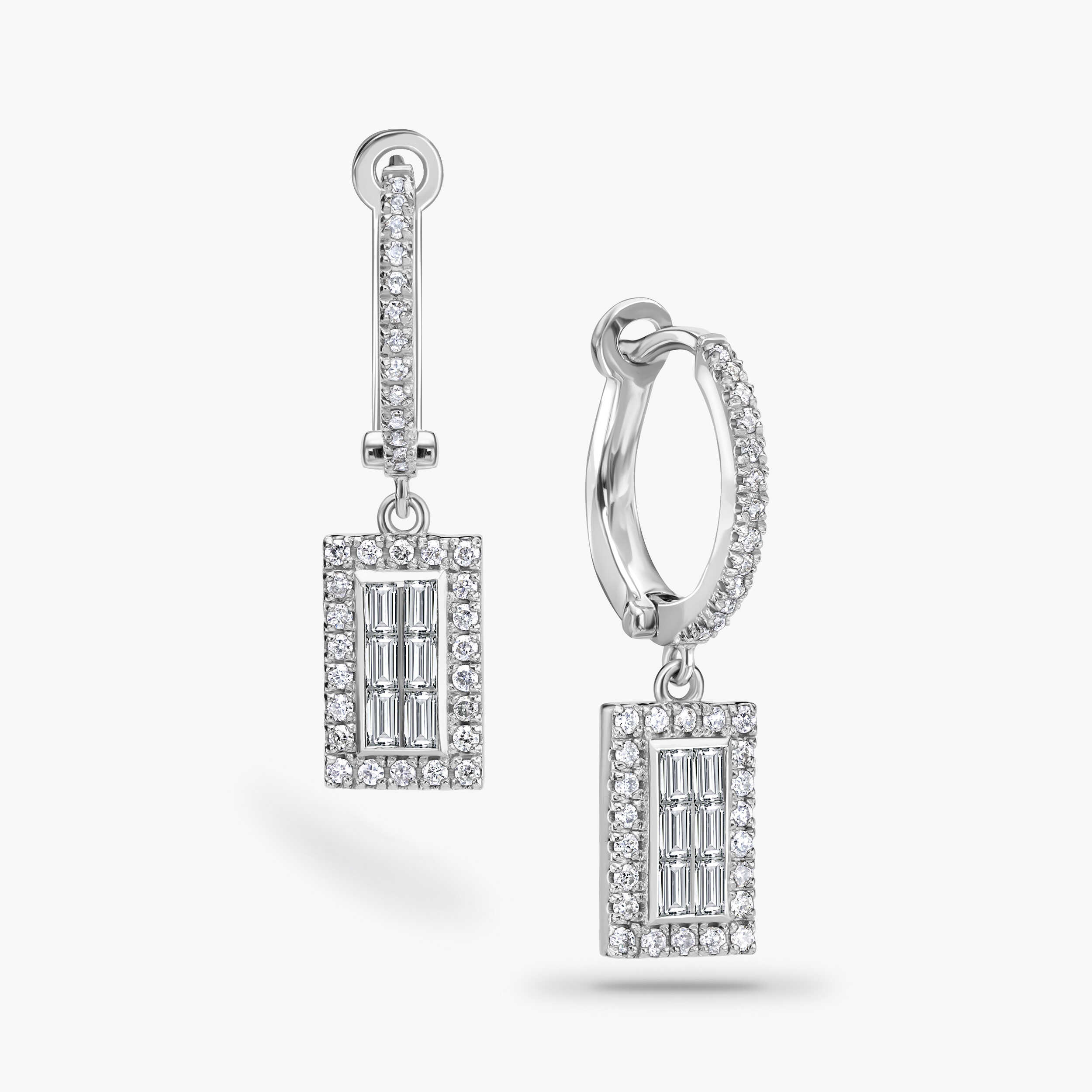 עגילי זהב מלבניים בשיבוץ יהלומים