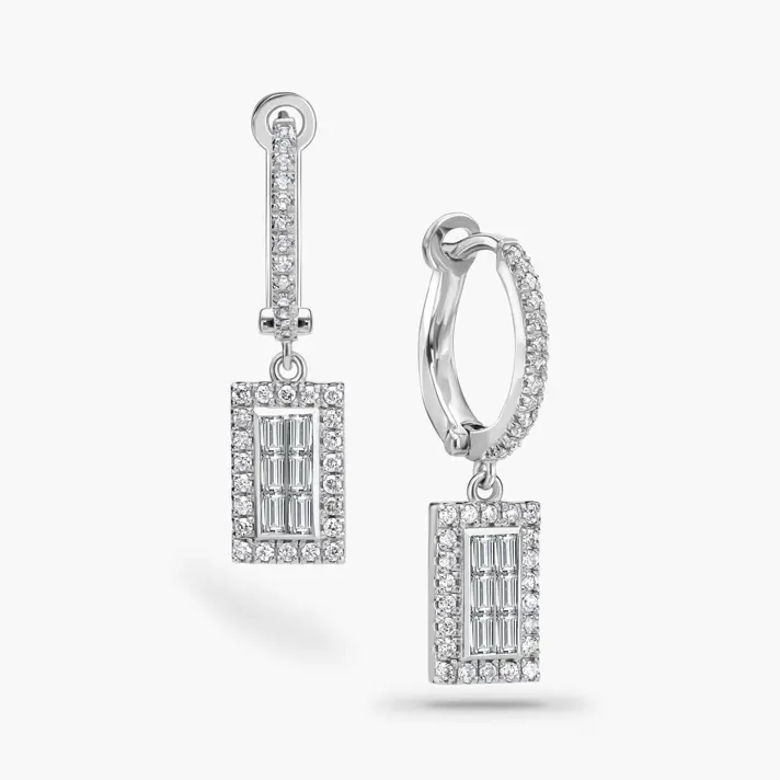 עגילי זהב מלבניים בשיבוץ יהלומים