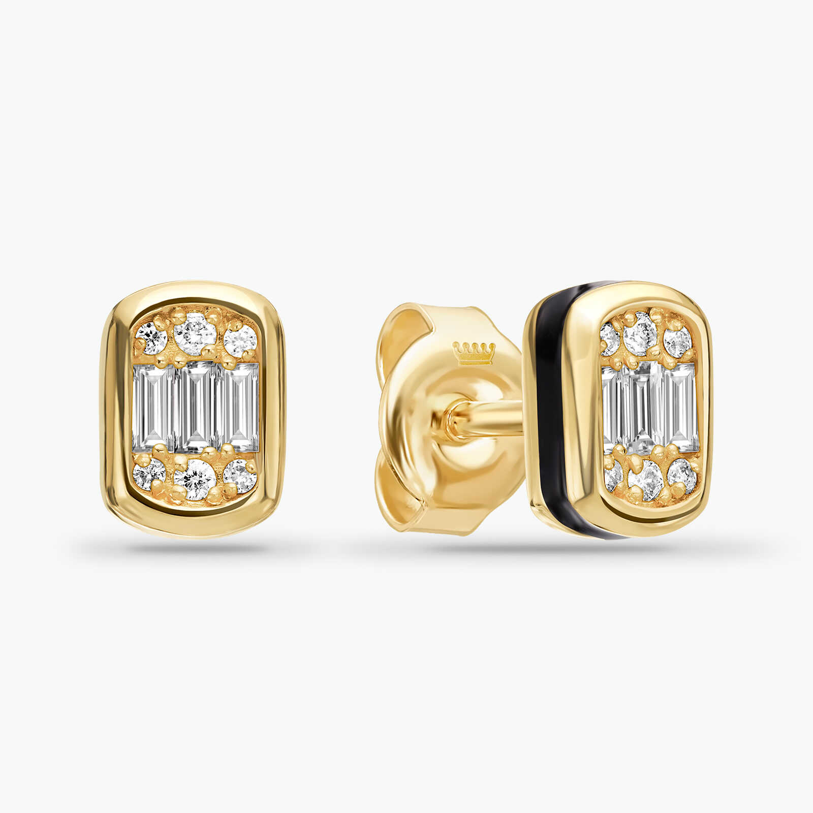 עגילי זהב מסדרת Black series בשיבוץ יהלומי באגט עם אמייל שחור