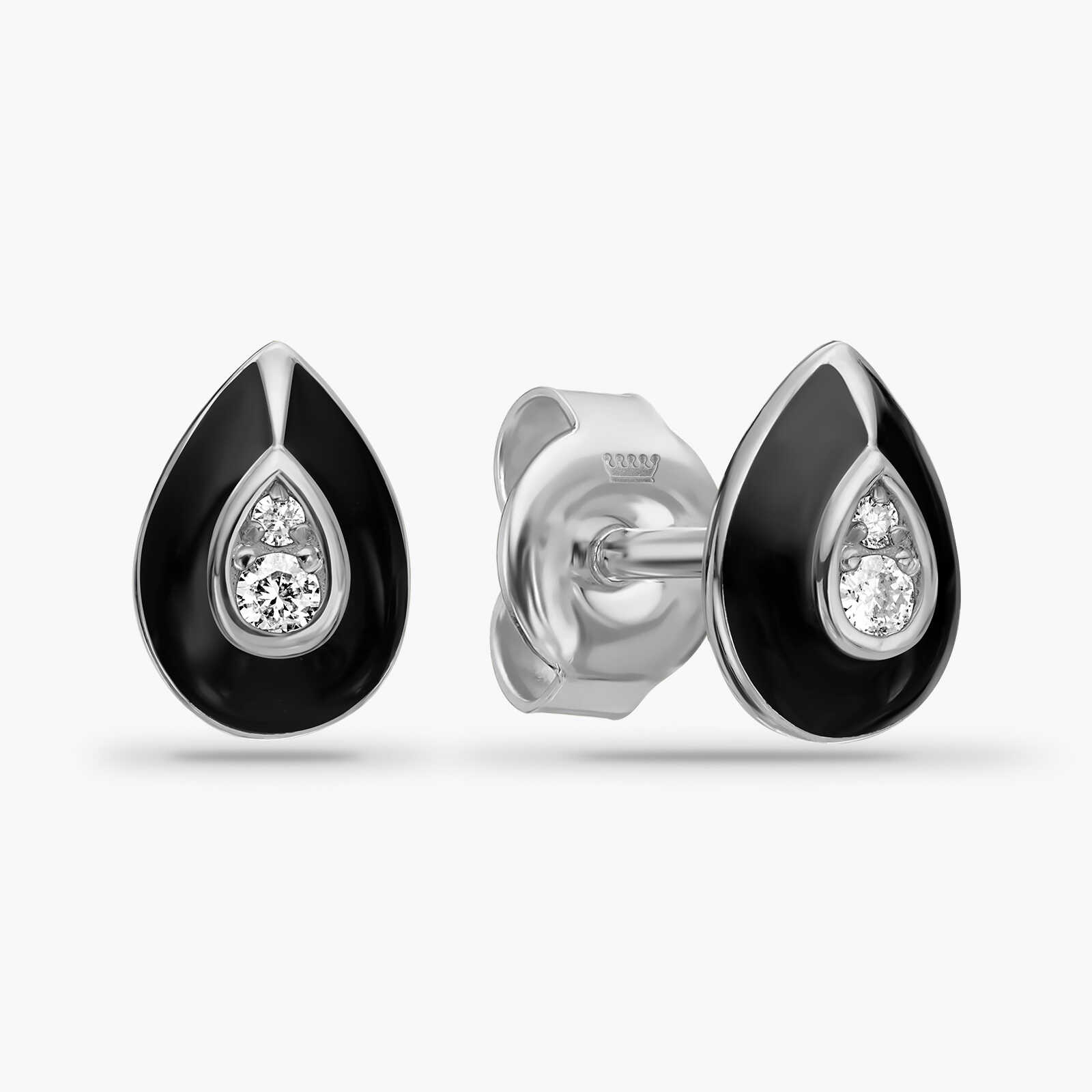 עגילי זהב מסדרת Black series בשיבוץ יהלום עם אמייל שחור