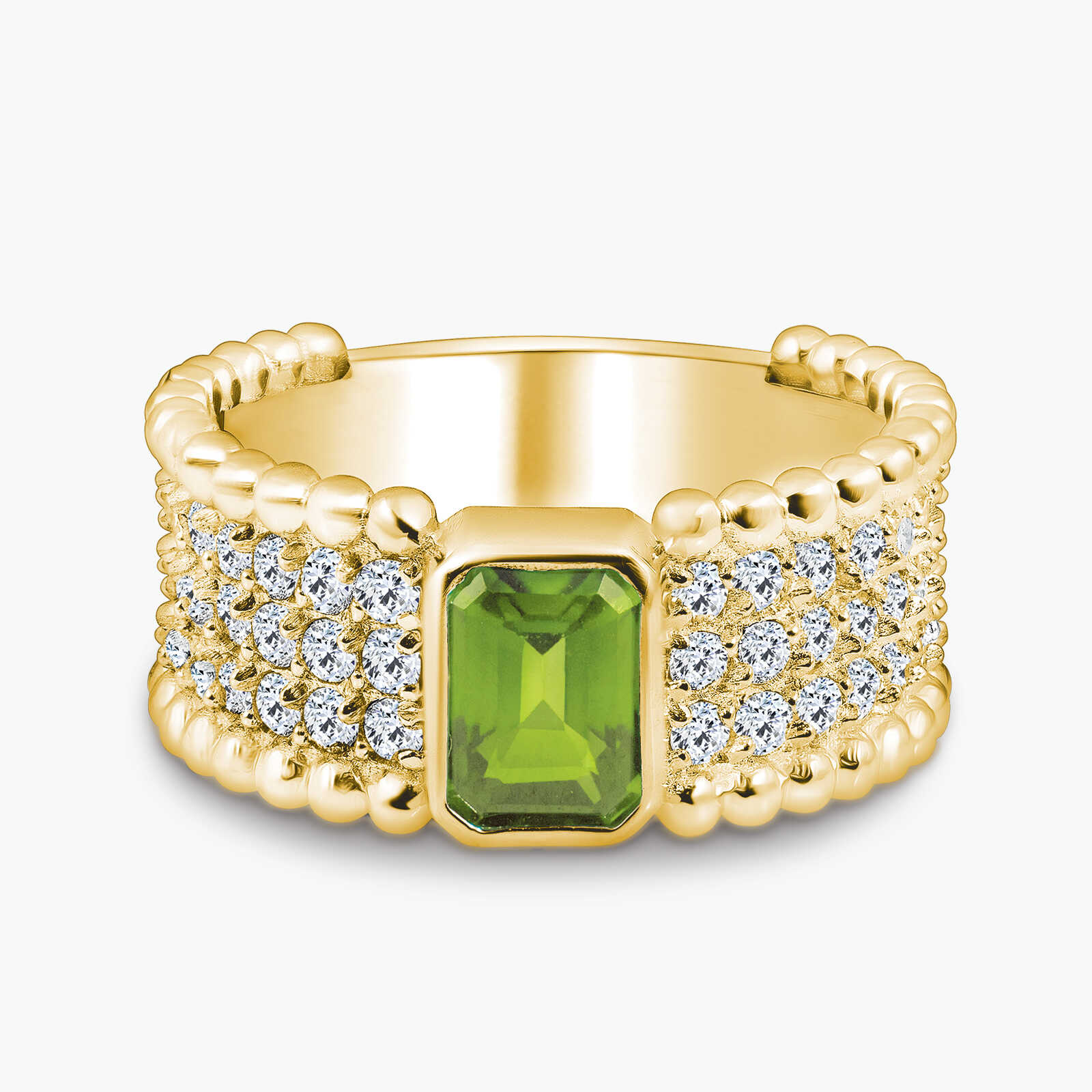 טבעת זהב בשיבוץ יהלומים וגרין גרנט