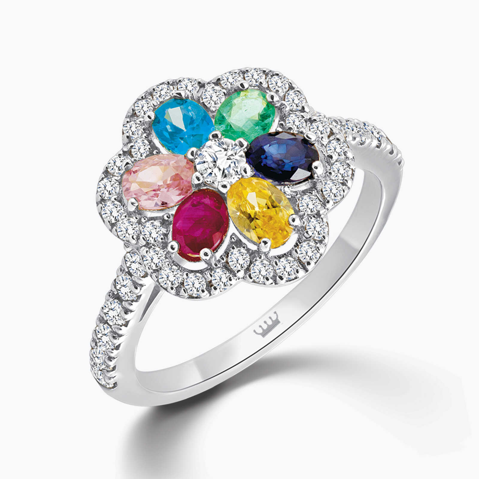 טבעת פרח משובצת אבני חן ויהלומים