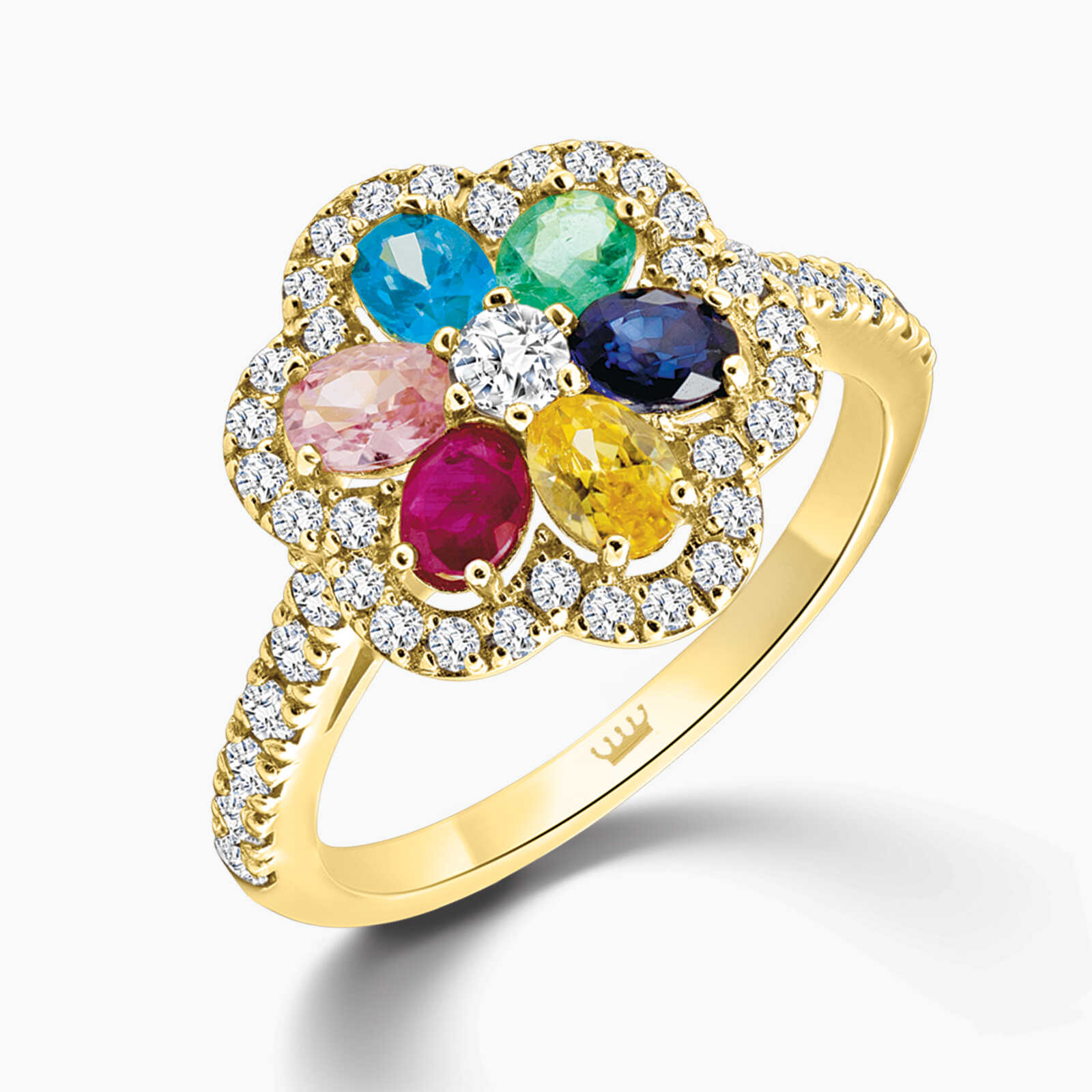 טבעת פרח משובצת יהלומים ואבני חן