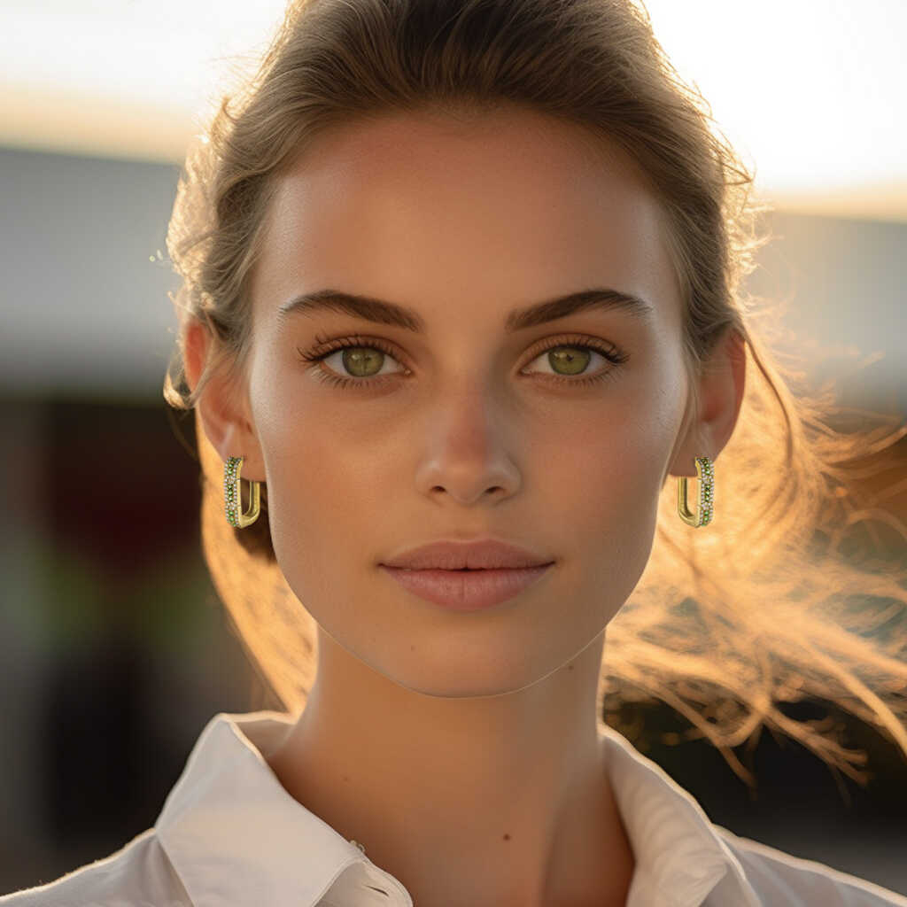 עגילי זהב בשיבוץ יהלומים וגרין גרנט