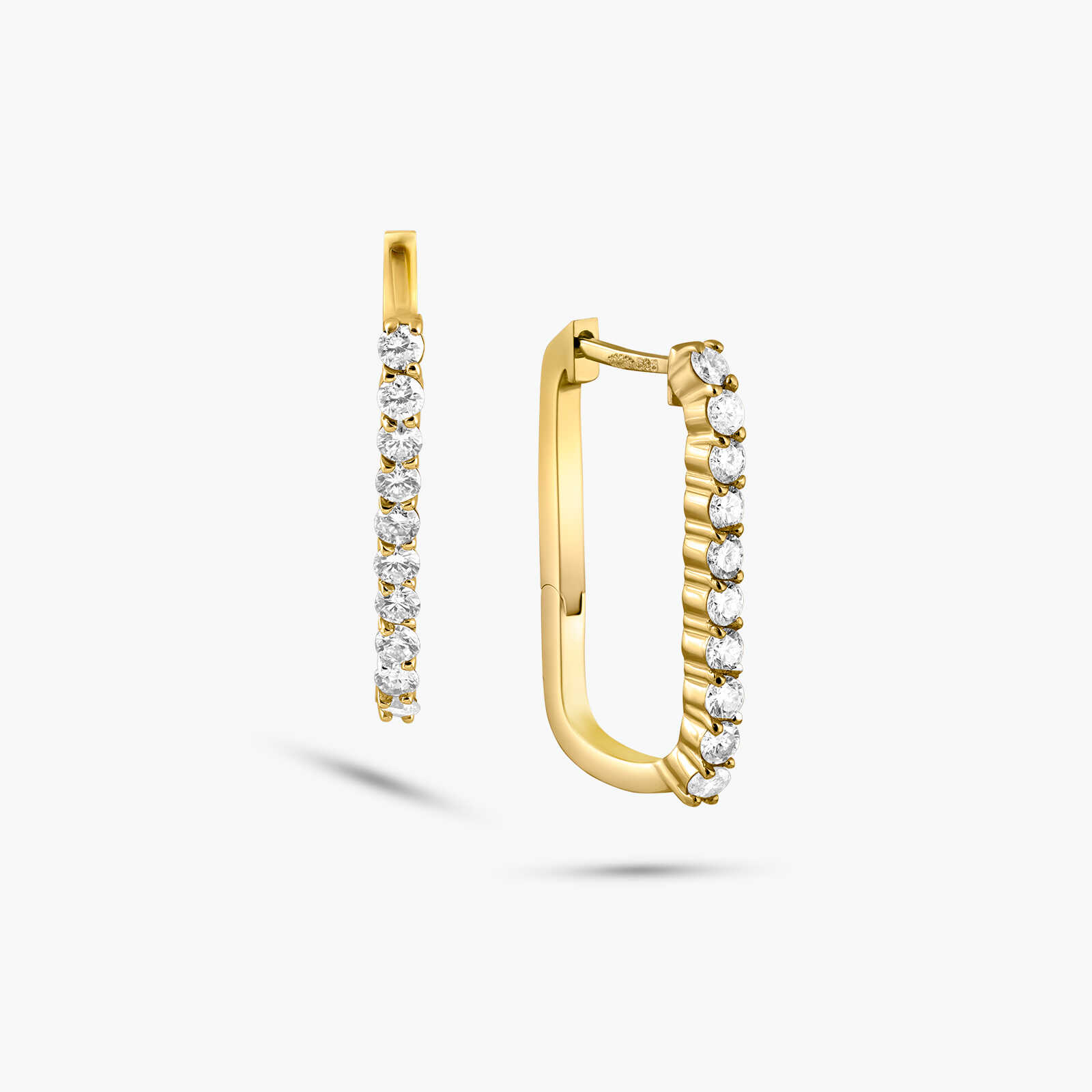 עגילי זהב 14K מלבניים בשיבוץ יהלומים