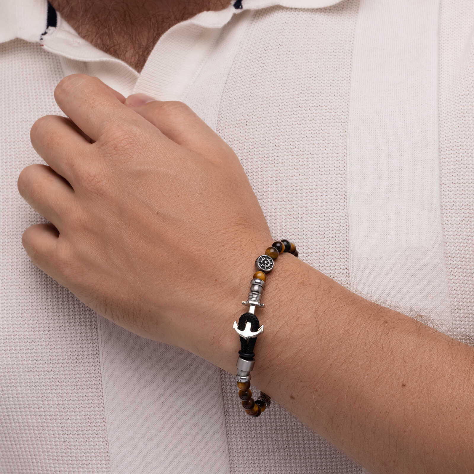 צמיד לגבר אלון- חרוזי עין הנמר ופלדה