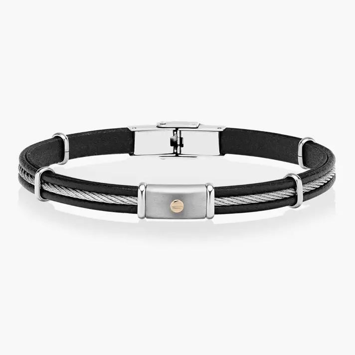 צמיד לגבר דילן- עור, פלדה ובורג מוזהב