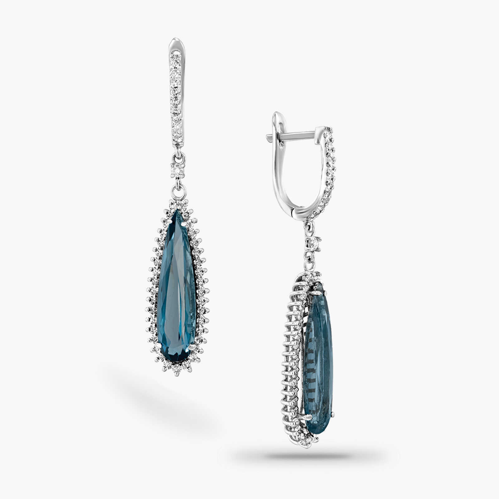 עגילי טיפה בזהב משובצים בלו לונדון ויהלומים