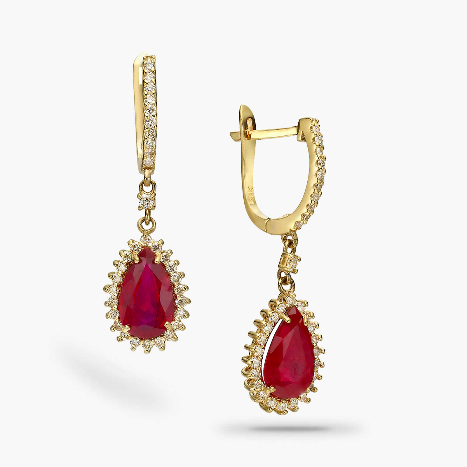 עגילי זהב משובצים באבני Ruby-Glass אדומות ויהלומים