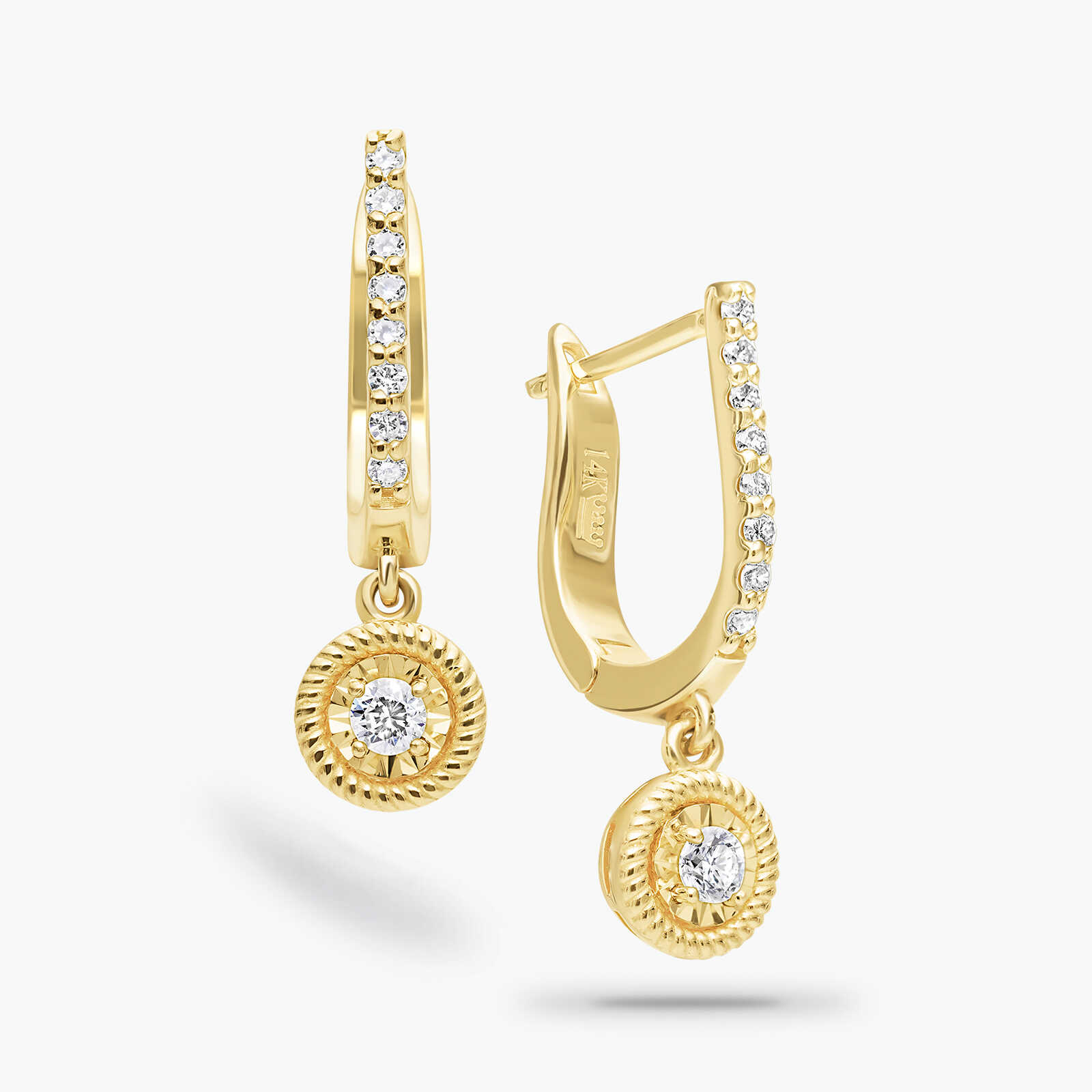 עגילי זהב תלוים משובצים יהלומים