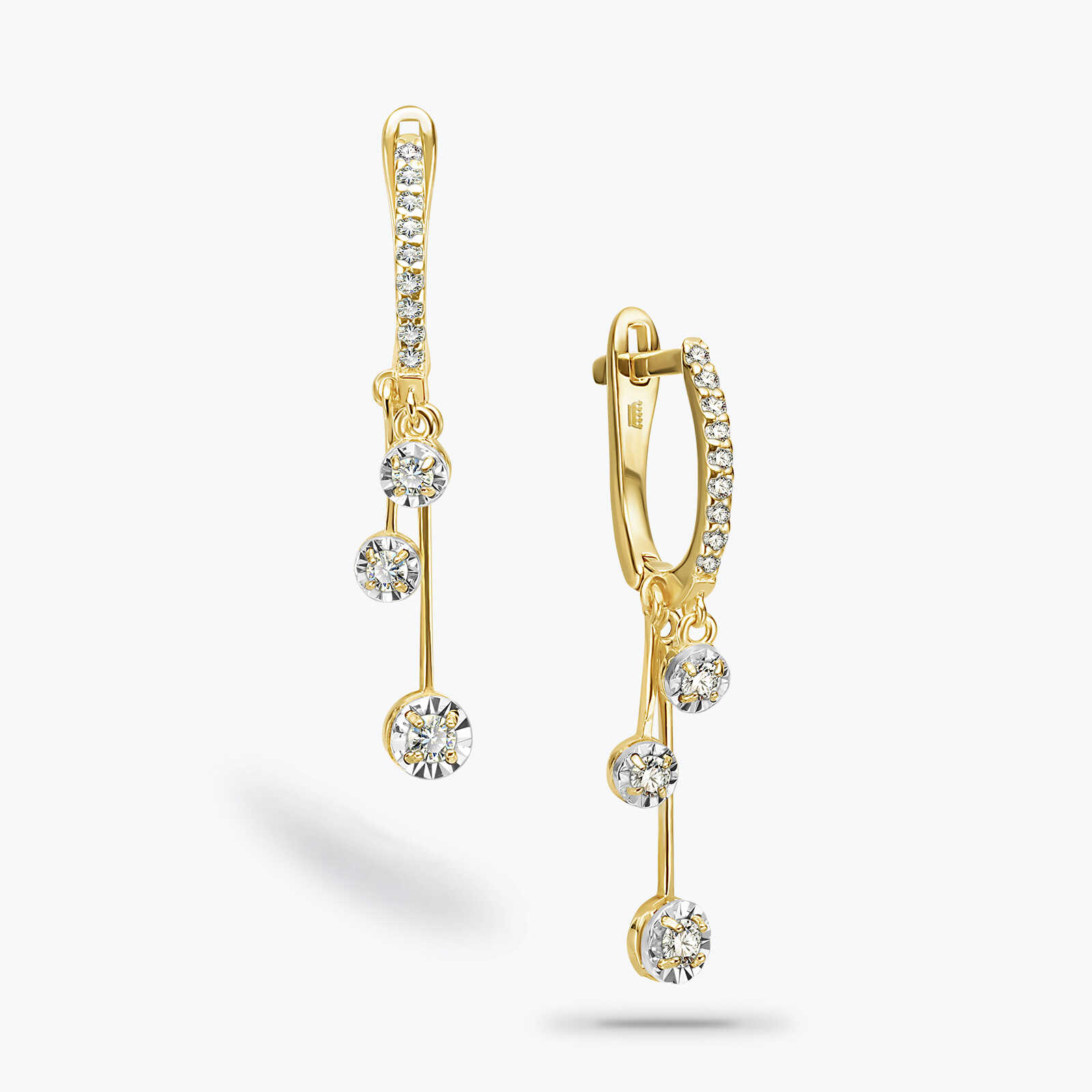 עגילי זהב בגובה משתנה משובצים יהלומים