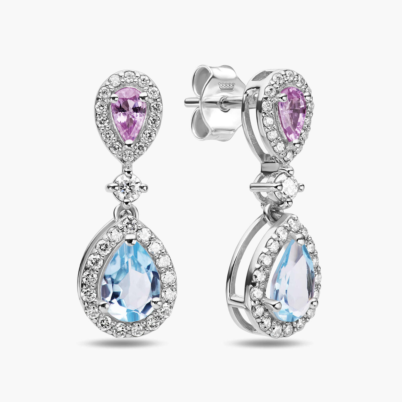 עגילי זהב משובצים יהלומים, אבני בלו טופז תכולות וספירים ורודות בחיתוך טיפה