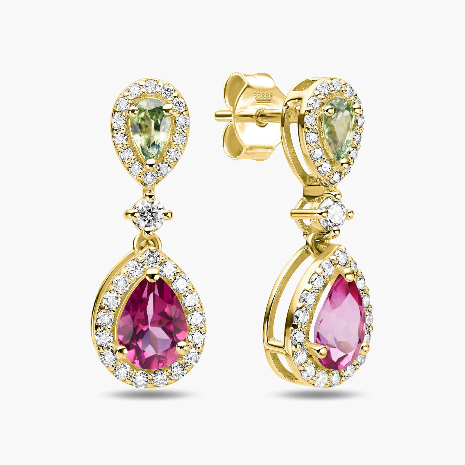 עגילי זהב משובצים יהלומים אבני טופז ורודות וספירים ירוקות בחיתוך טיפה