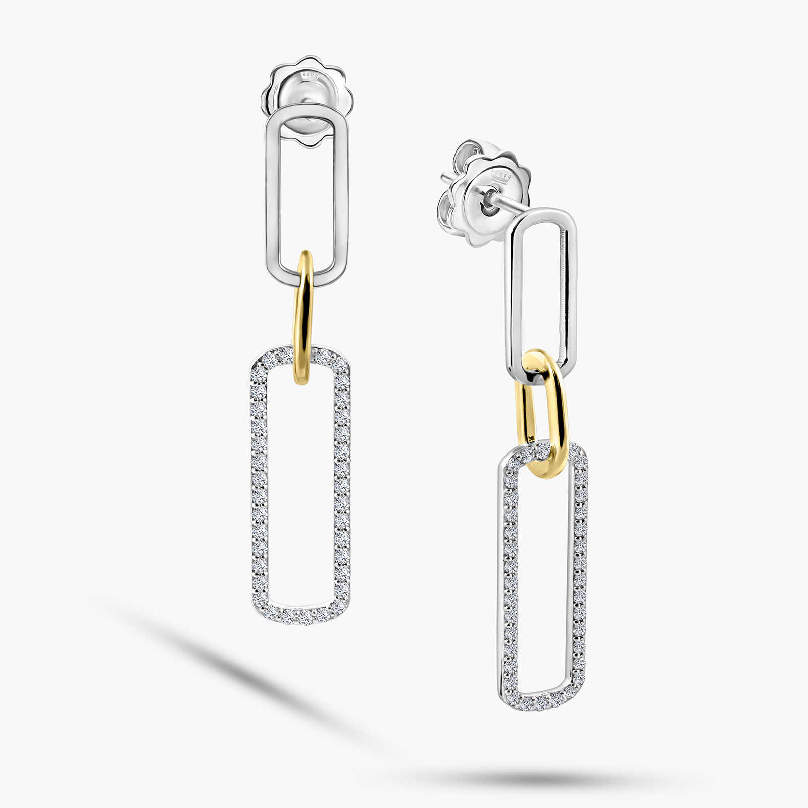 עגילי חישוק משולבים בזהב לבן וצהוב 14K בשיבוץ יהלומים