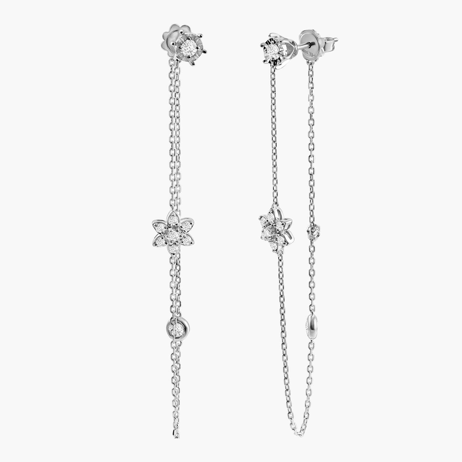 עגילי שרשרת עדינים בזהב לבן 14K בשיבוץ יהלומים