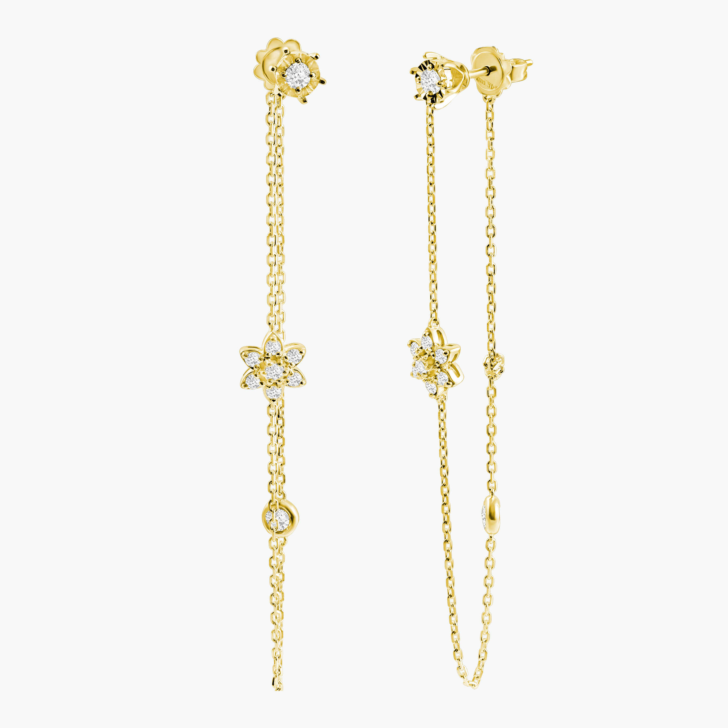 עגילי שרשרת עדינים בזהב לבן 14K בשיבוץ יהלומים