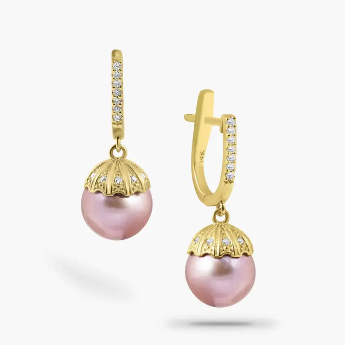 עגילי זהב משובצים פנינה ויהלומים