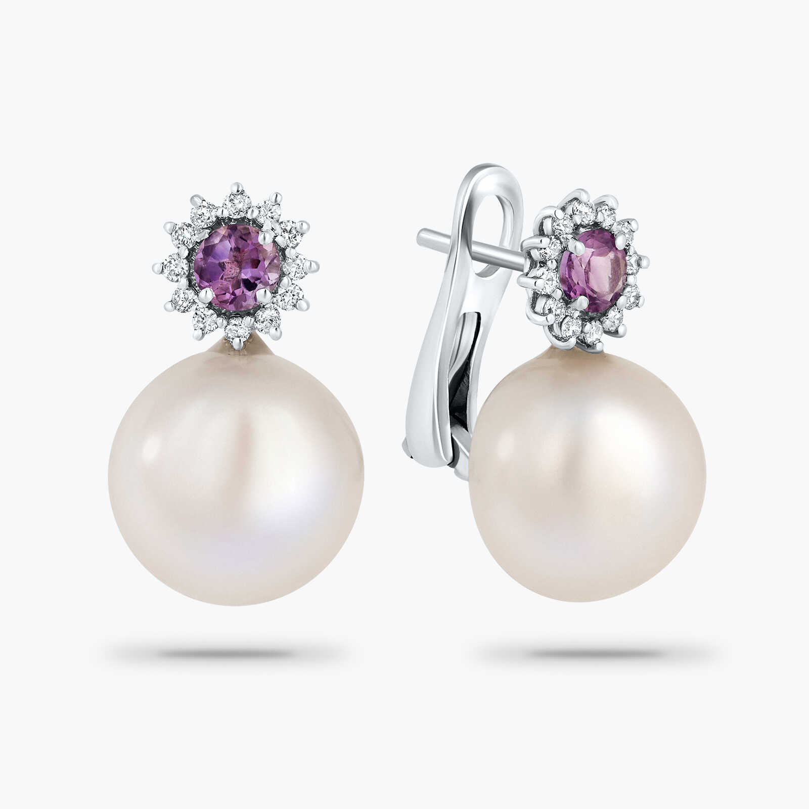 עגילי זהב 14K בשיבוץ פנינים, אמטיסט ויהלומים