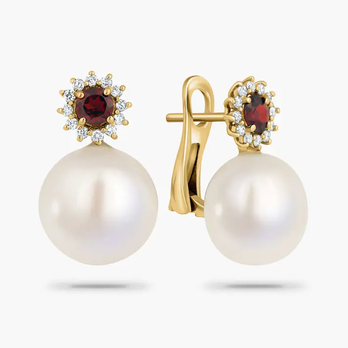 עגילי זהב 14K בשיבוץ פנינים, גרנט ויהלומים