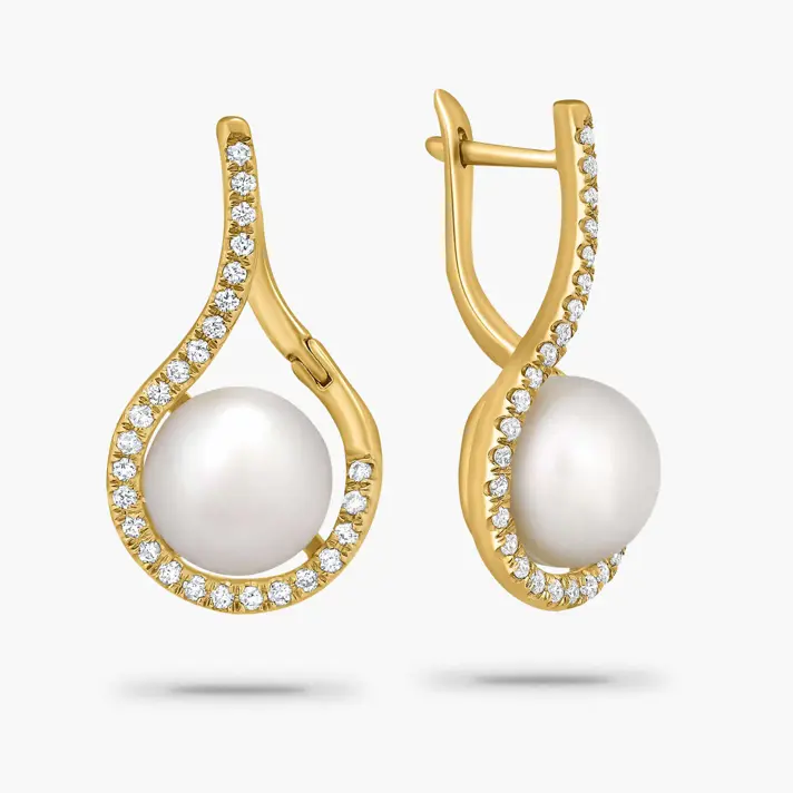 עגילי זהב עם פנינים ויהלומים